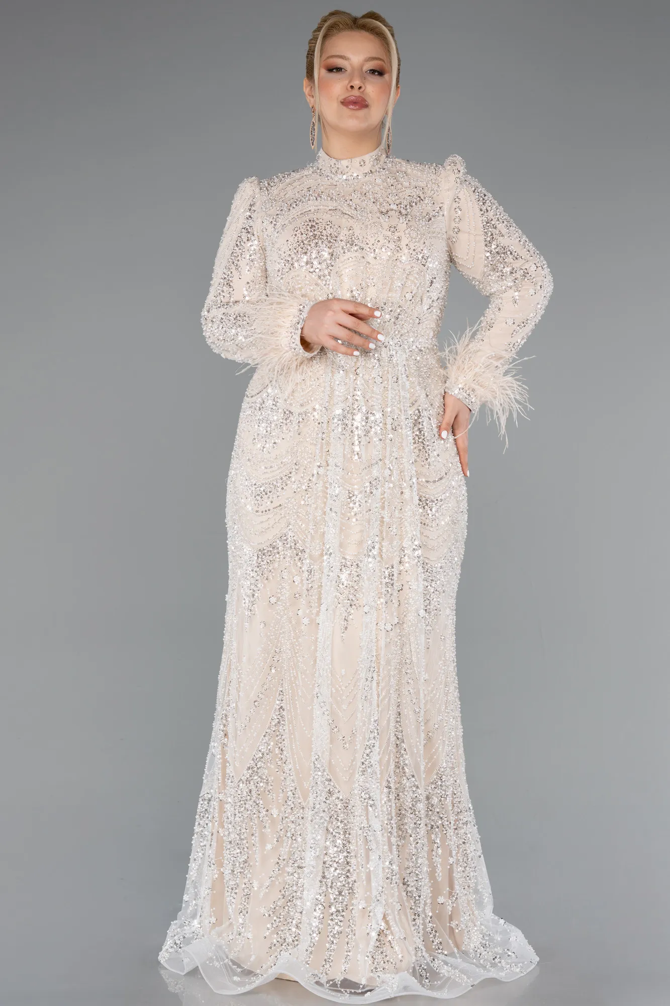 Beige-Long Beaded Plus Size Hijab Dress ABU5057