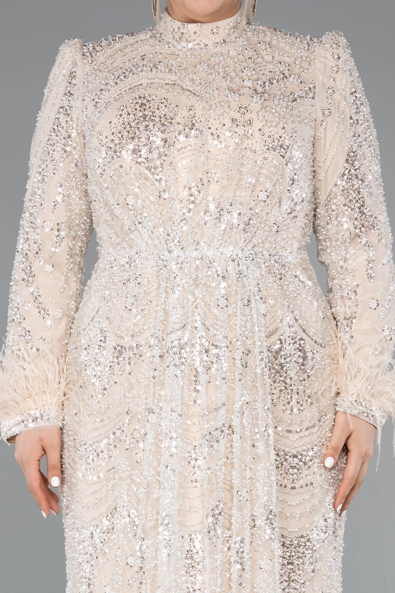 Beige-Long Beaded Plus Size Hijab Dress ABU5057