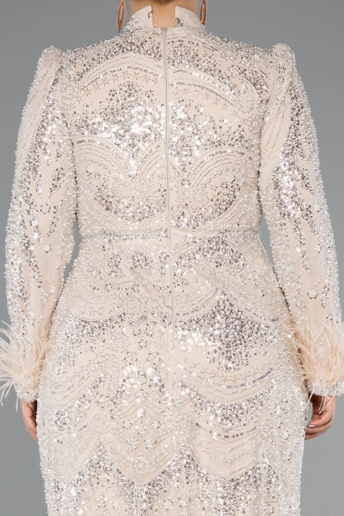 Beige-Long Beaded Plus Size Hijab Dress ABU5057