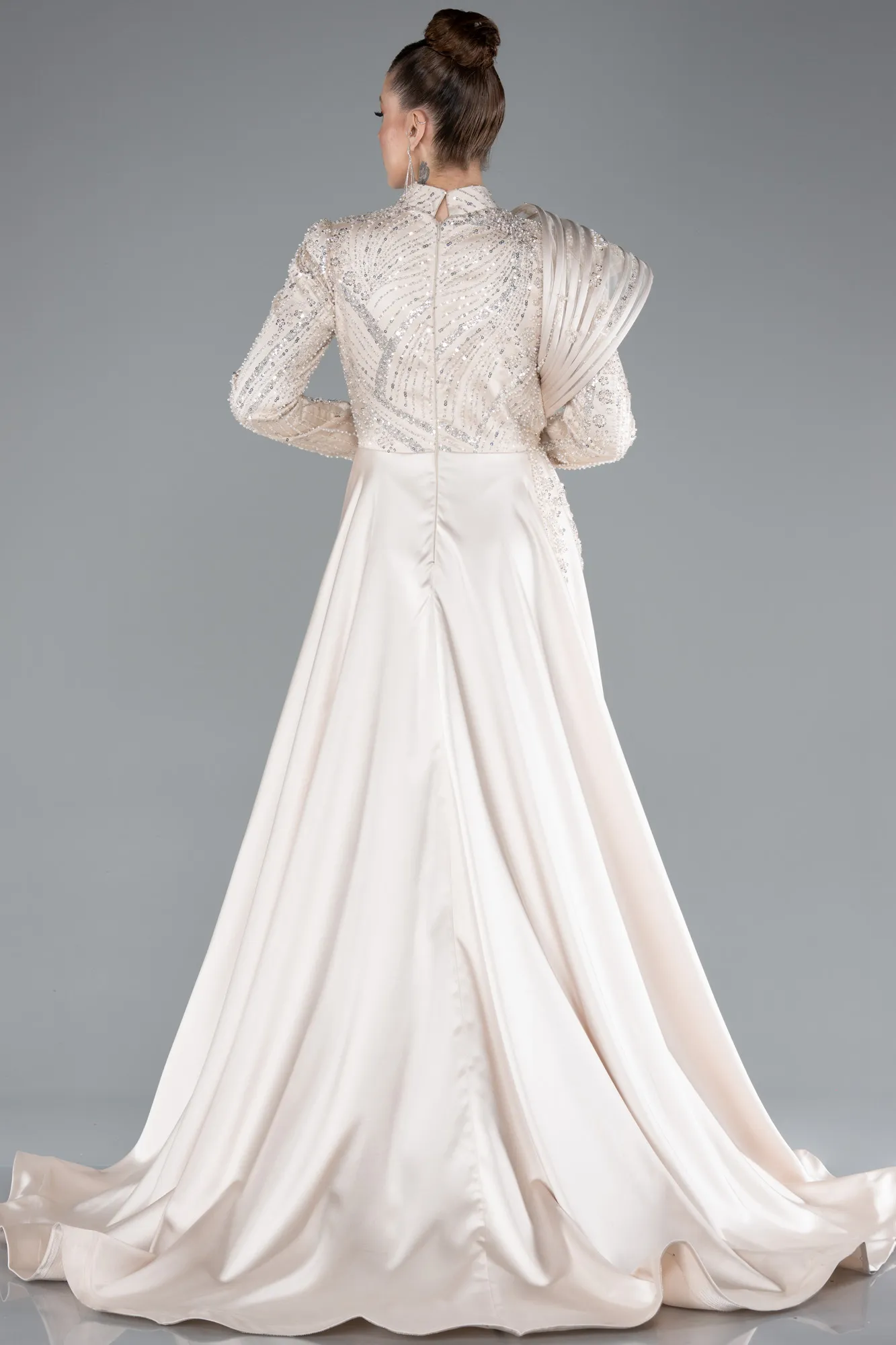 Beige-Long Beaded Plus Size Hijab Dress ABU5083