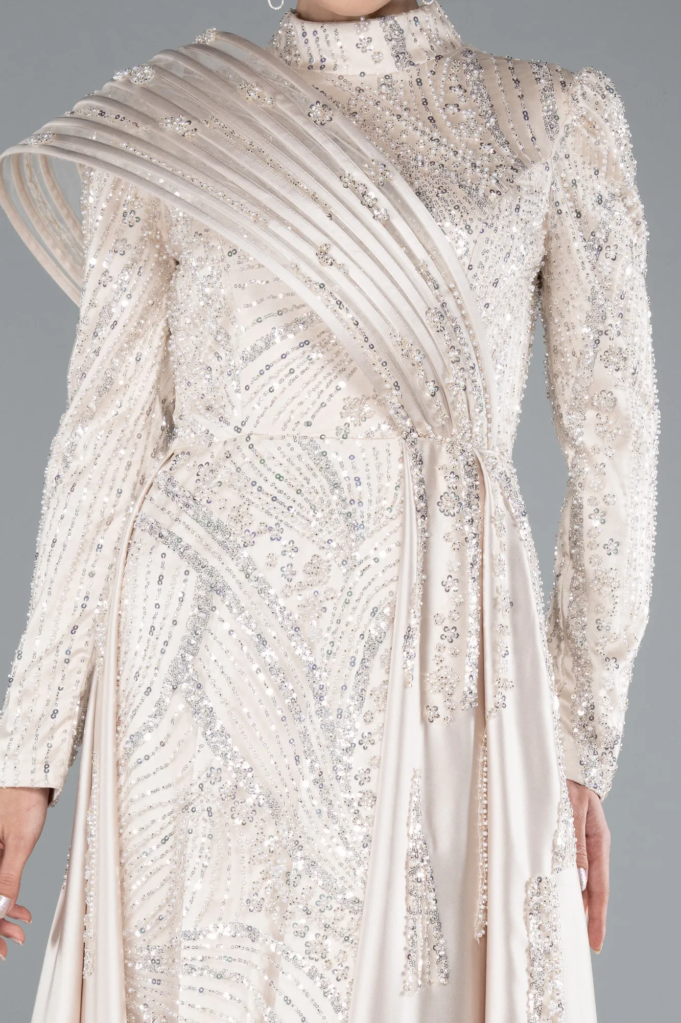 Beige-Long Beaded Plus Size Hijab Dress ABU5083