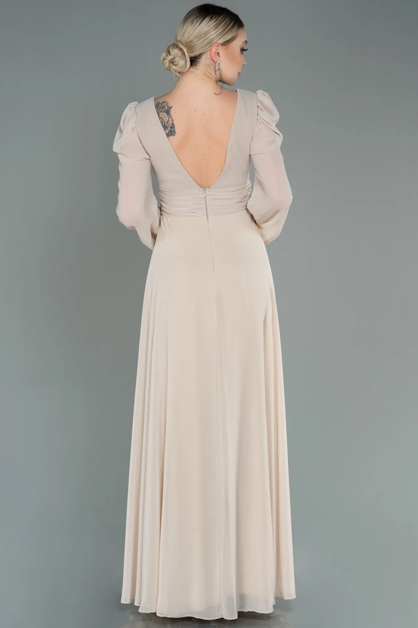 Beige-Long Chiffon Evening Dress ABU3085