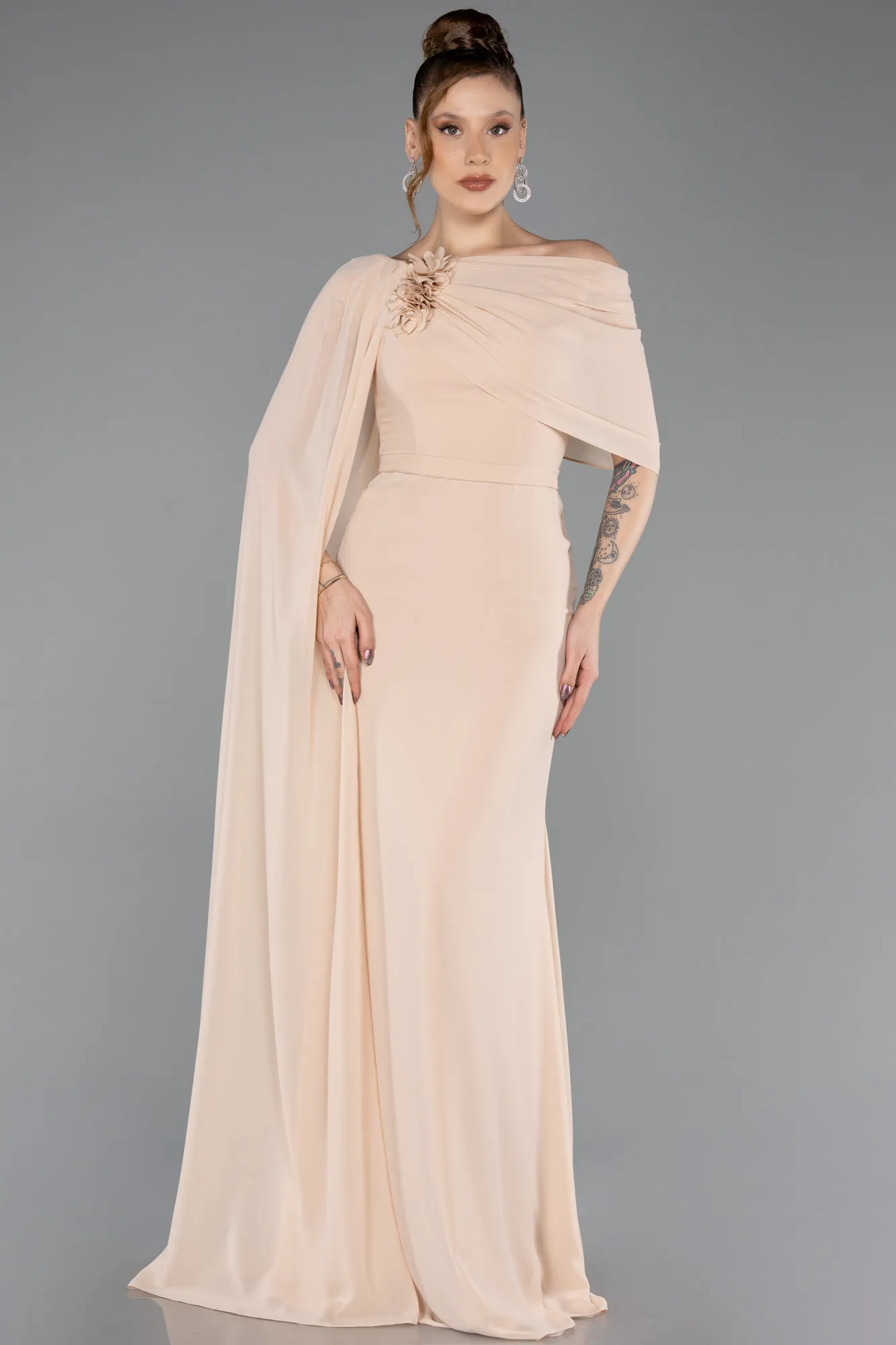 Beige-Long Chiffon Evening Dress ABU5418