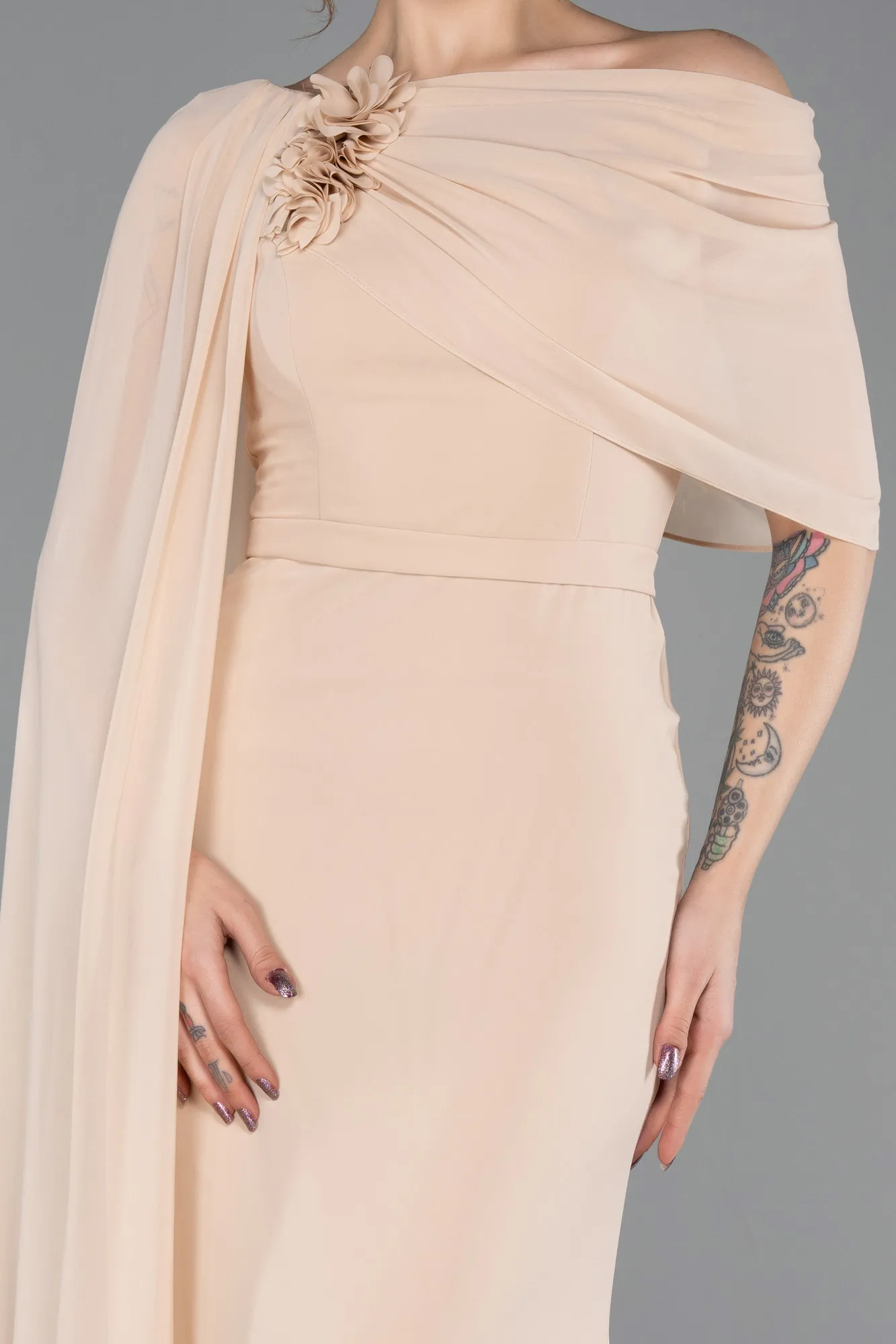 Beige-Long Chiffon Evening Dress ABU5418