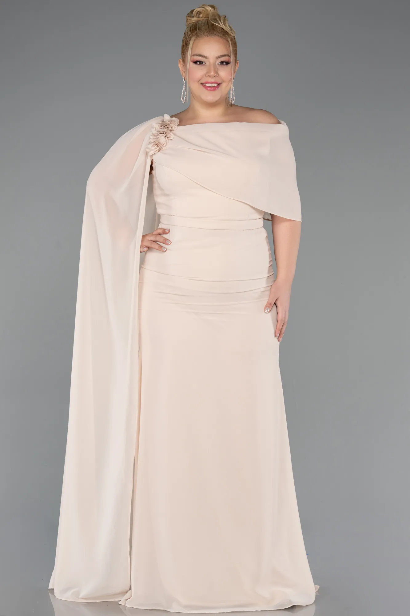 Beige-Long Chiffon Plus Size Evening Dress ABU5419
