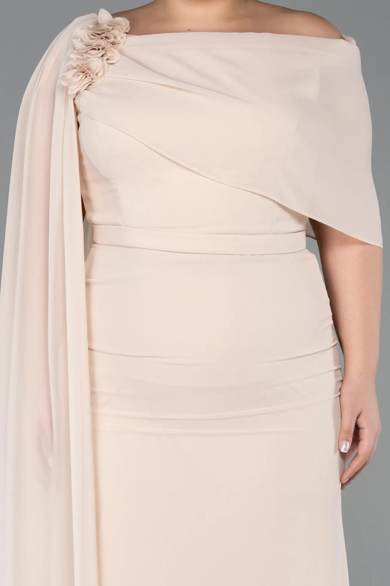 Beige-Long Chiffon Plus Size Evening Dress ABU5419