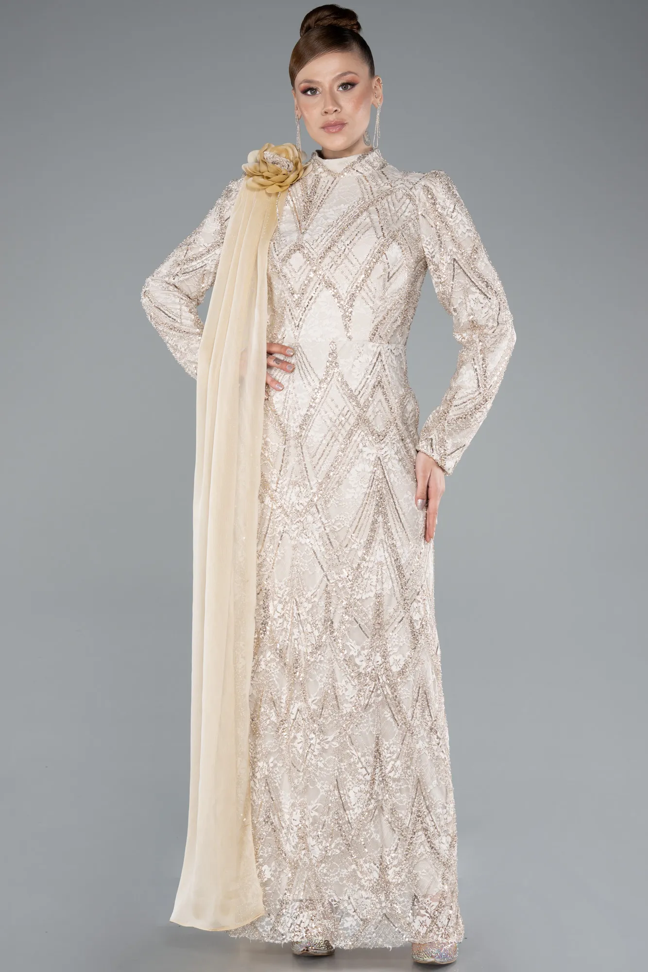 Beige-Long Dantelle Hijab Dress ABU4933