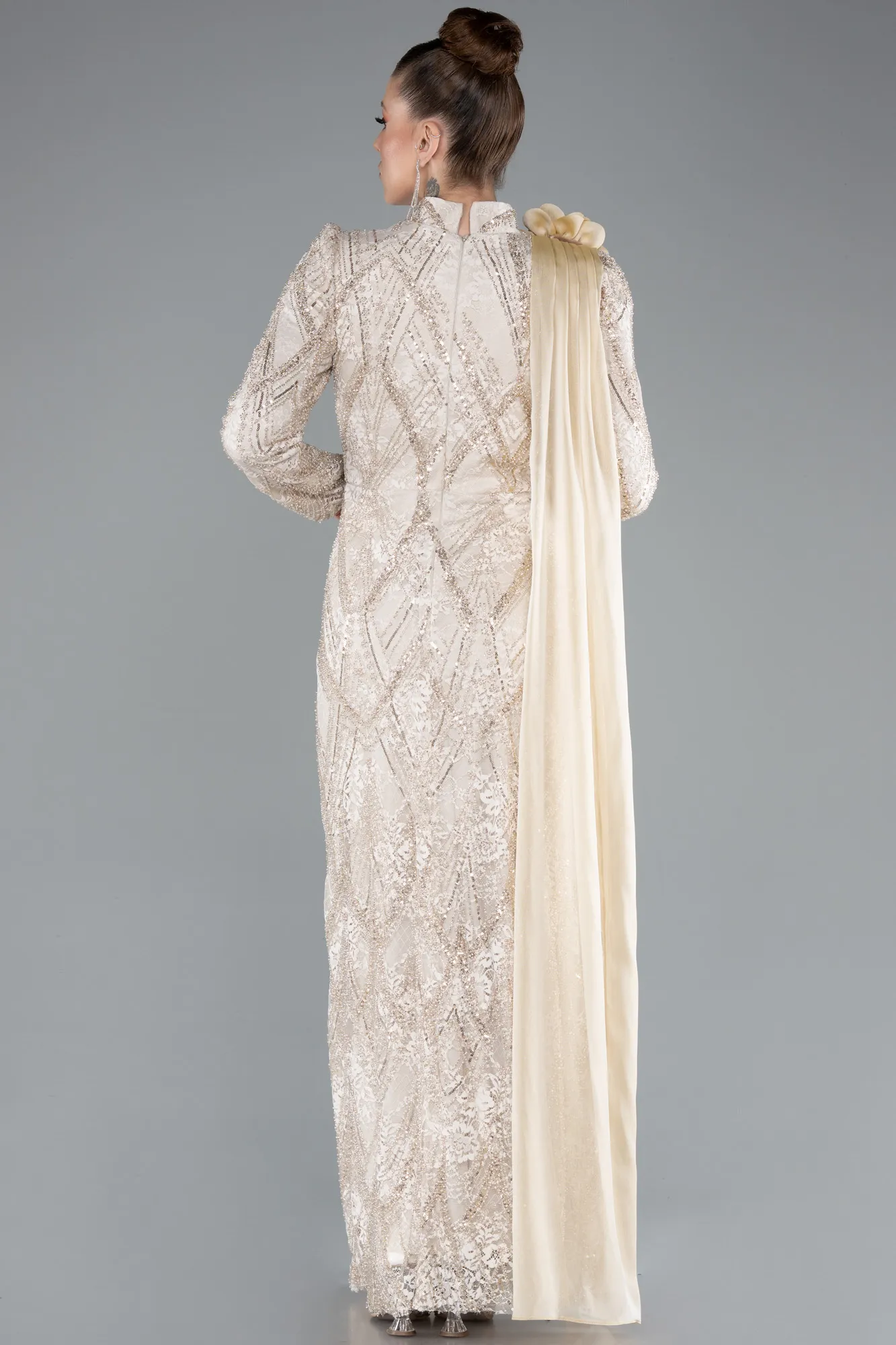 Beige-Long Dantelle Hijab Dress ABU4933