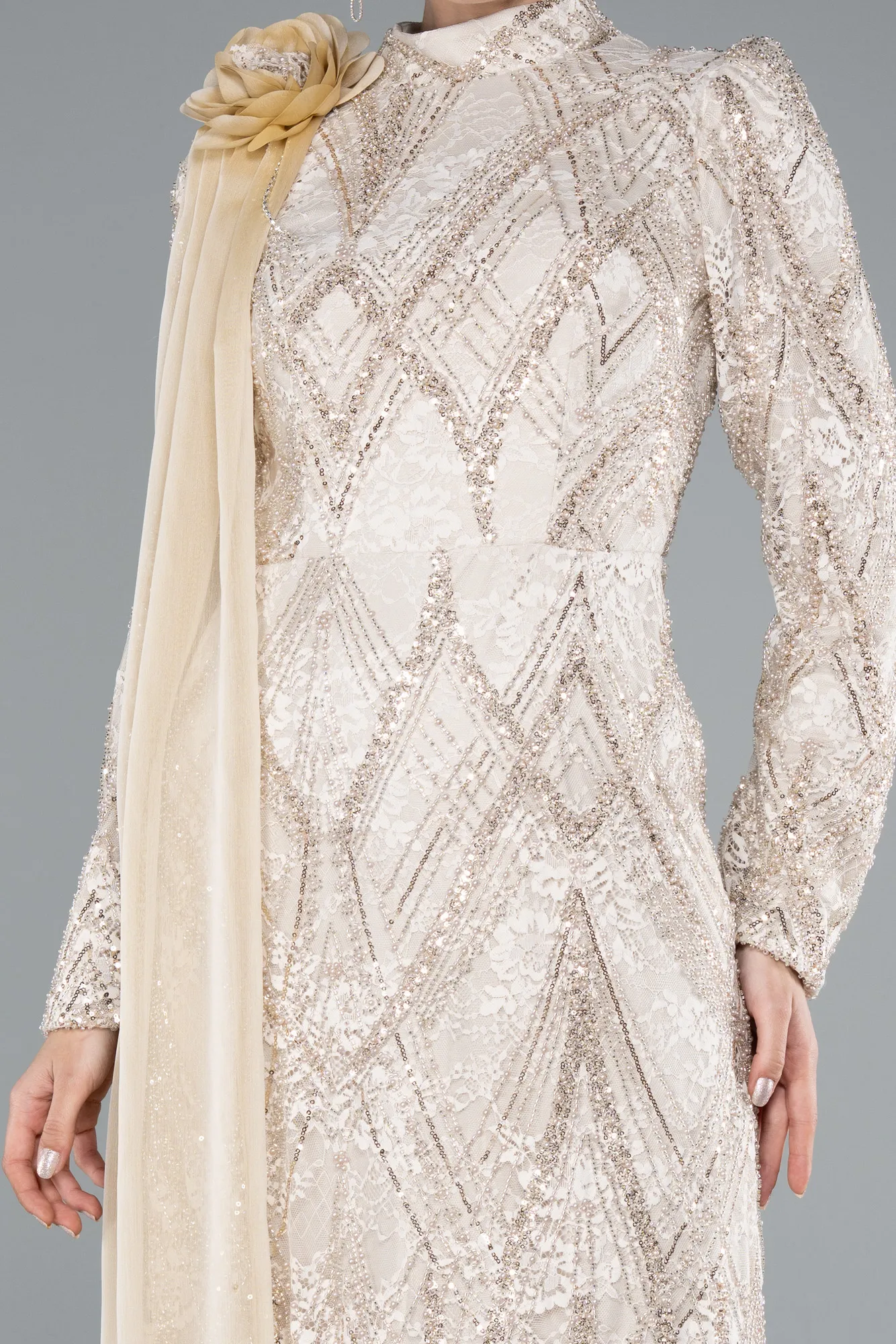 Beige-Long Dantelle Hijab Dress ABU4933