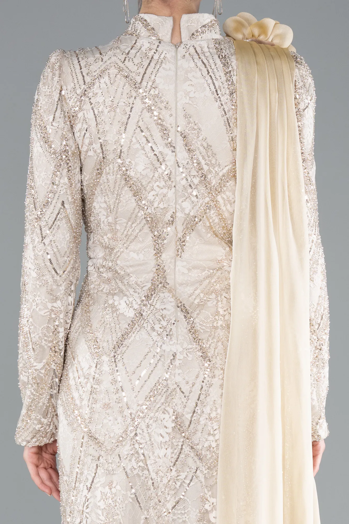 Beige-Long Dantelle Hijab Dress ABU4933