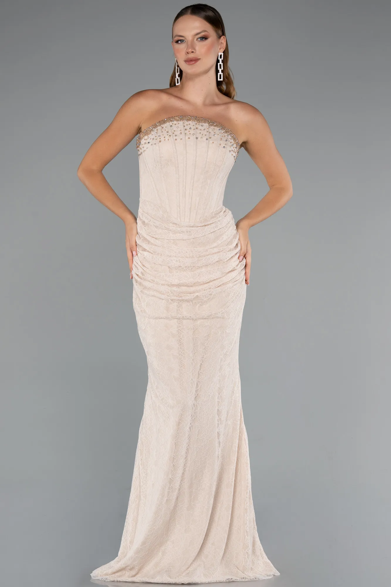 Beige-Long Dantelle Mermaid Evening Gown ABU5215