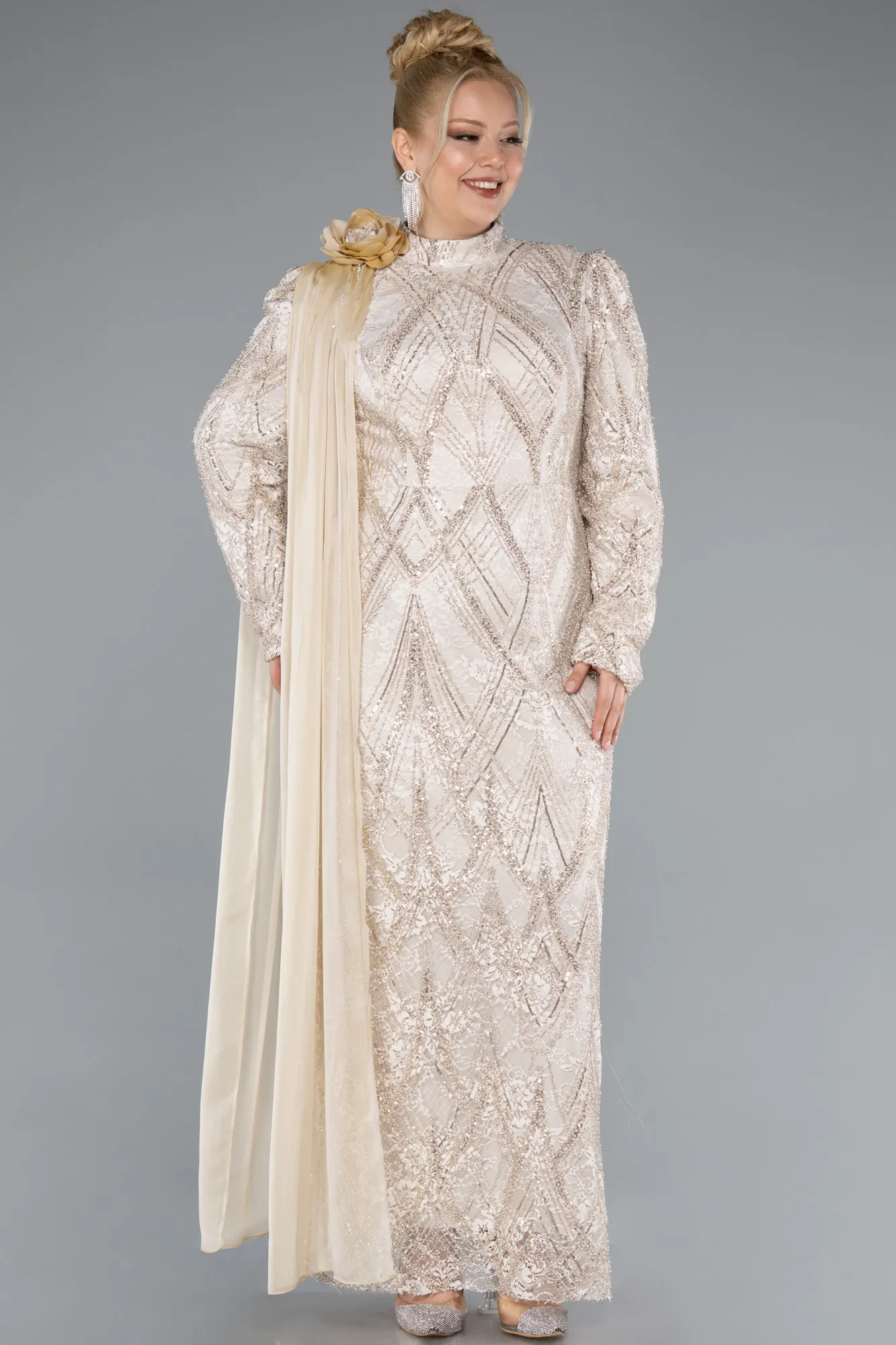 Beige-Long Dantelle Plus Size Evening Gown ABU4937