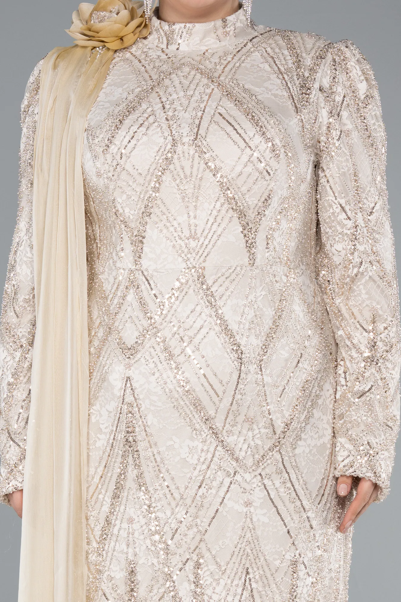 Beige-Long Dantelle Plus Size Evening Gown ABU4937