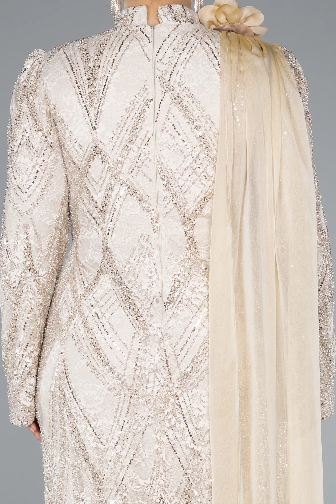 Beige-Long Dantelle Plus Size Evening Gown ABU4937