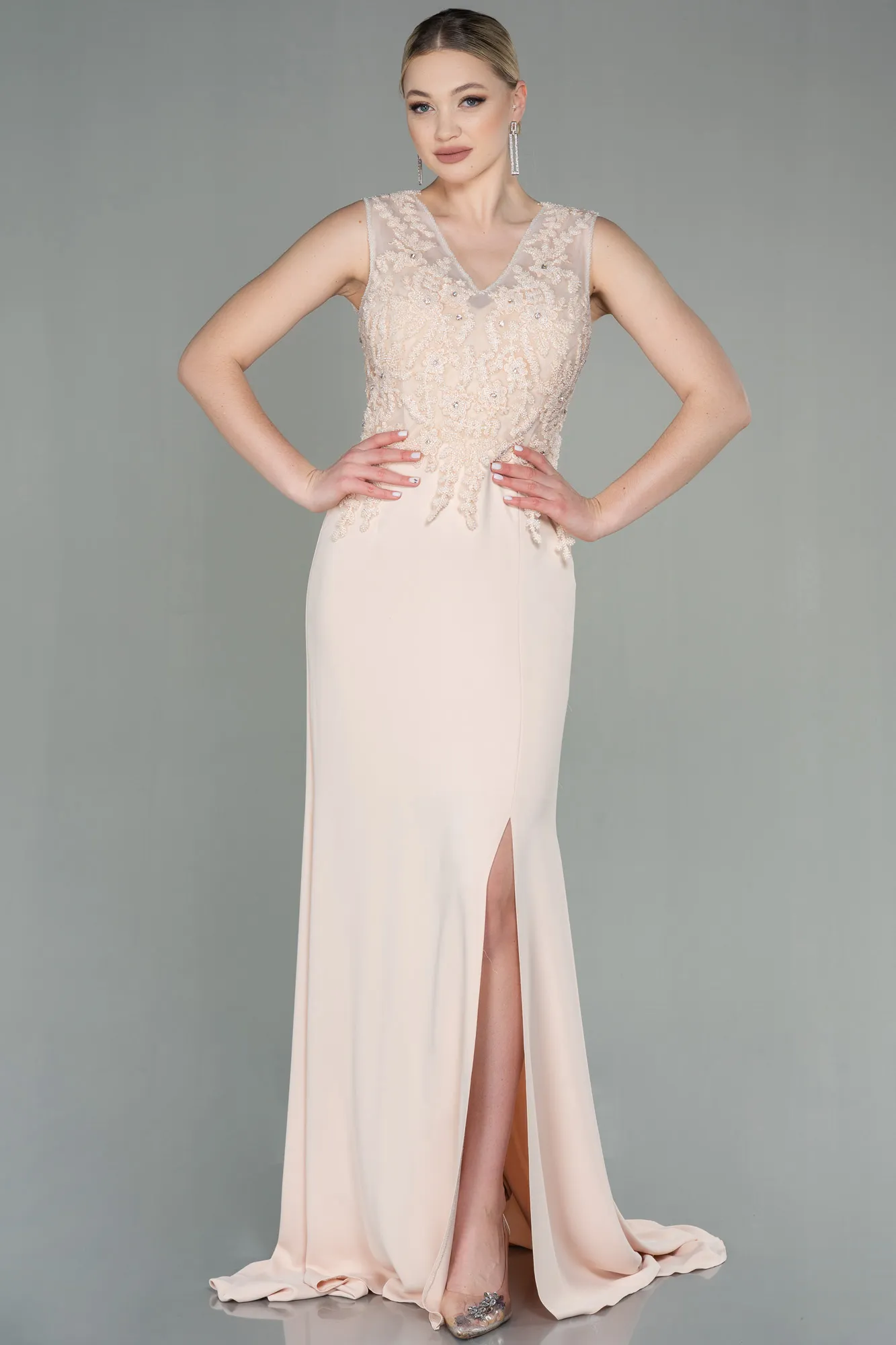 Beige-Long Evening Dress ABU2950