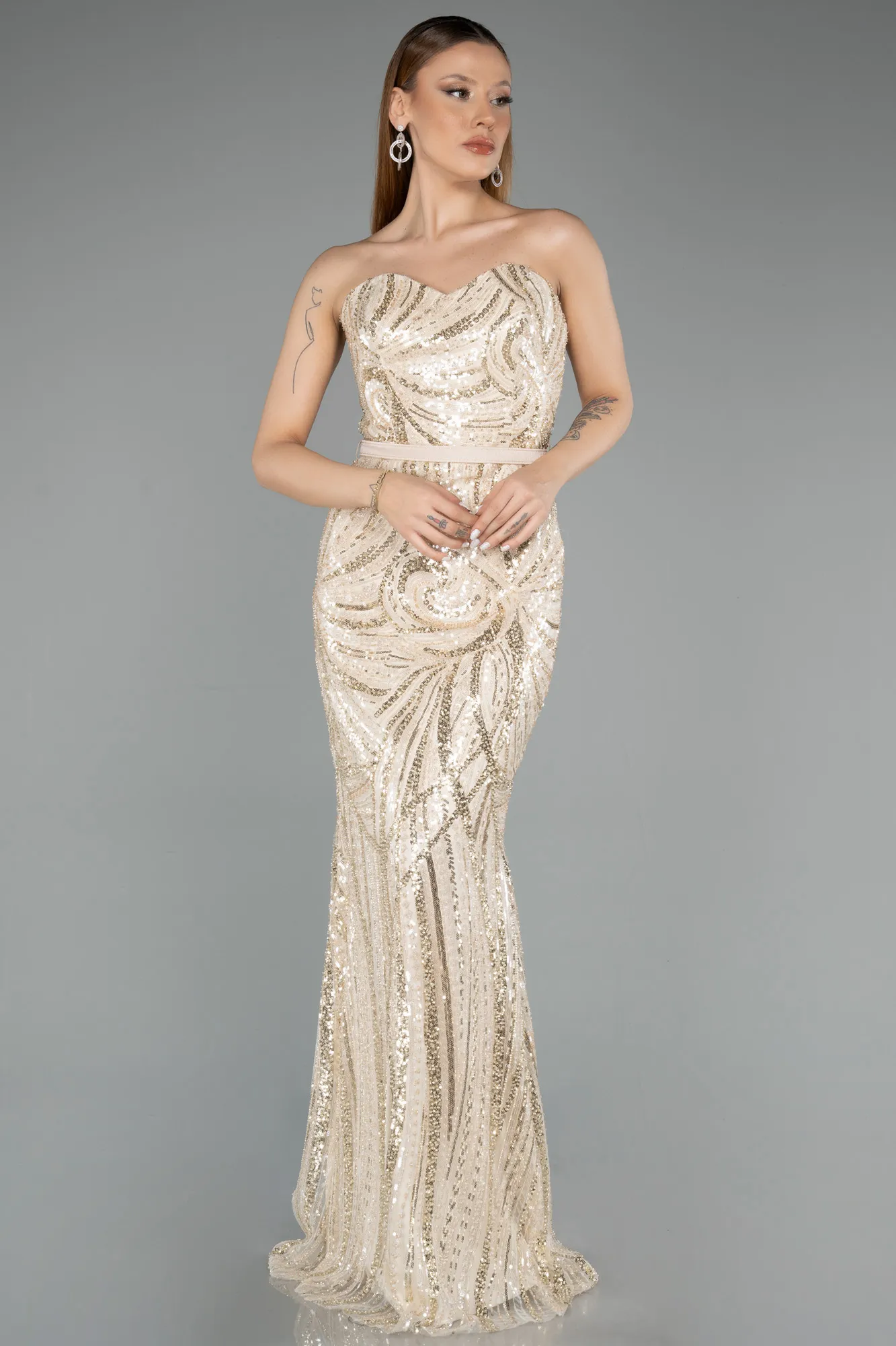 Beige-Long Evening Dress ABU5537