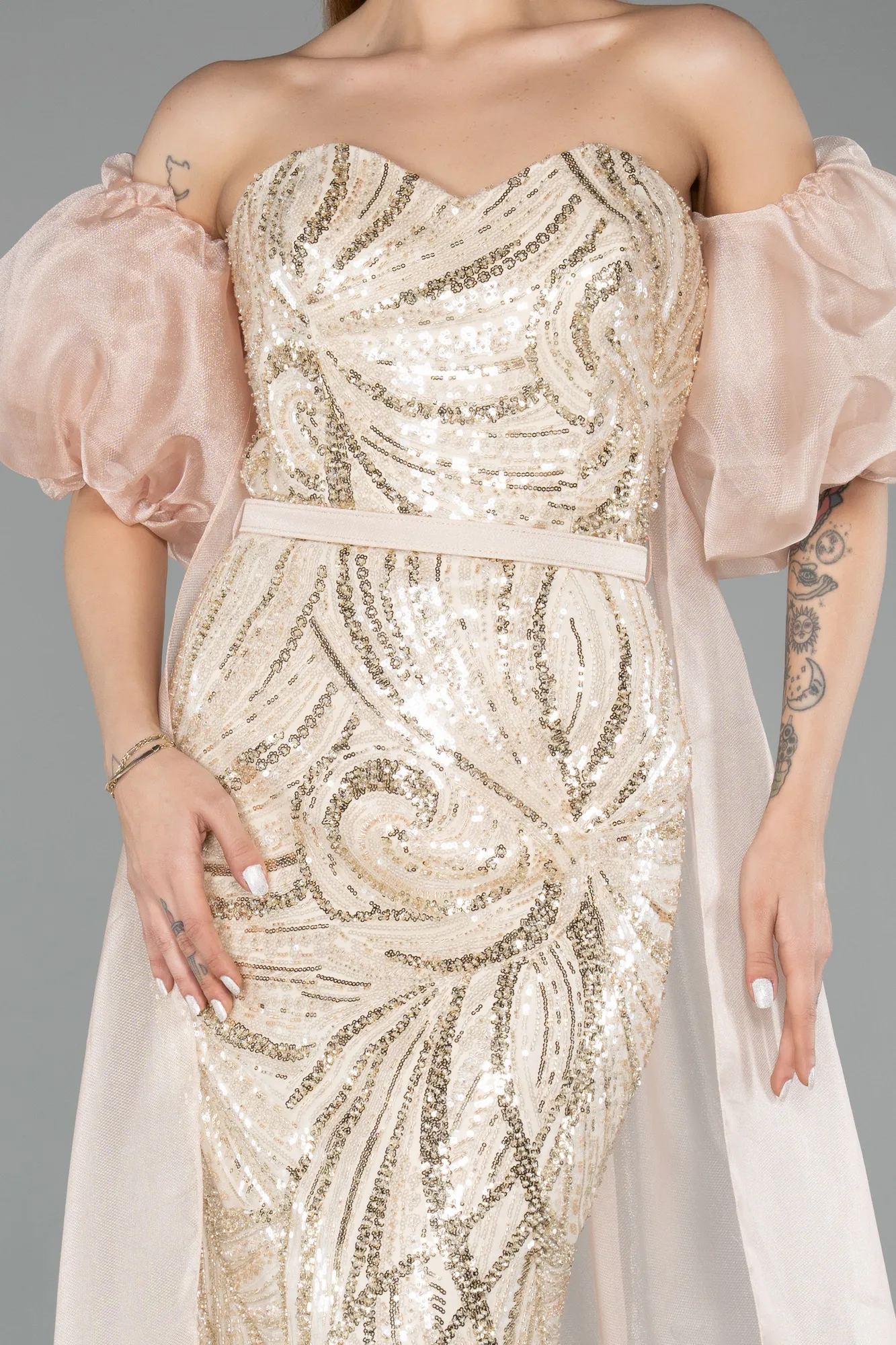 Beige-Long Evening Dress ABU5537