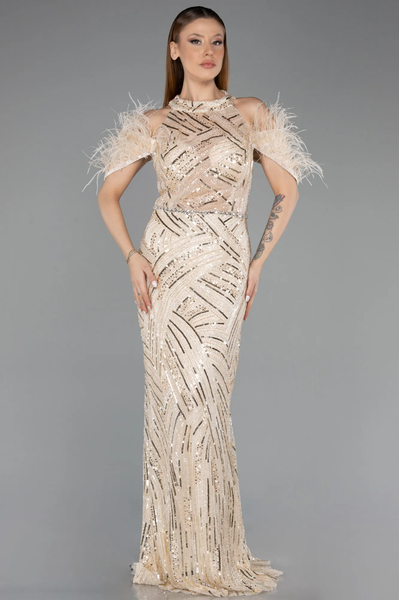 Beige-Long Evening Dress ABU5538