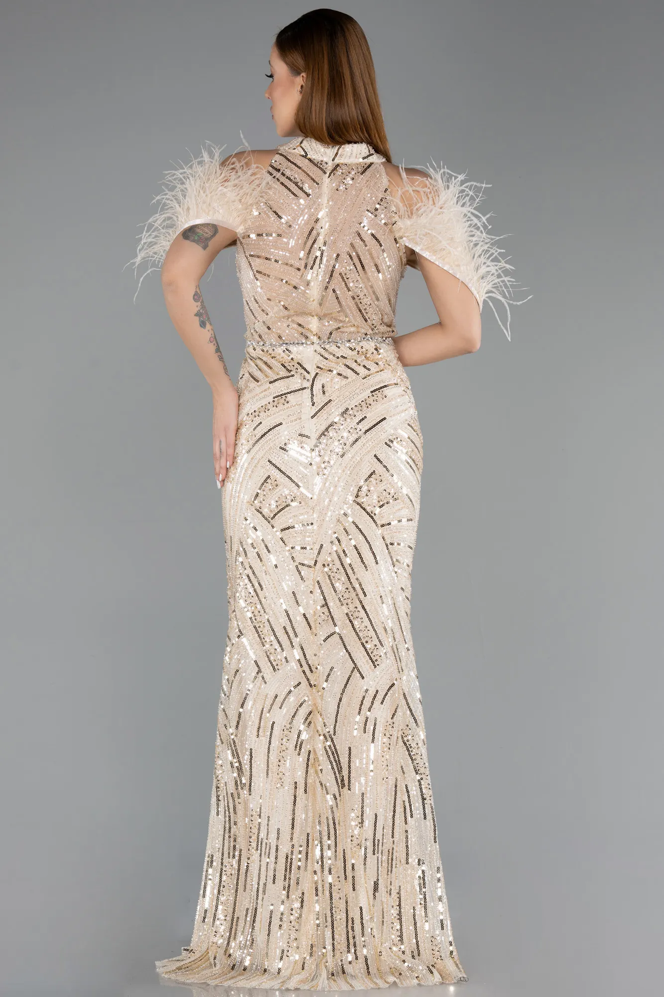 Beige-Long Evening Dress ABU5538