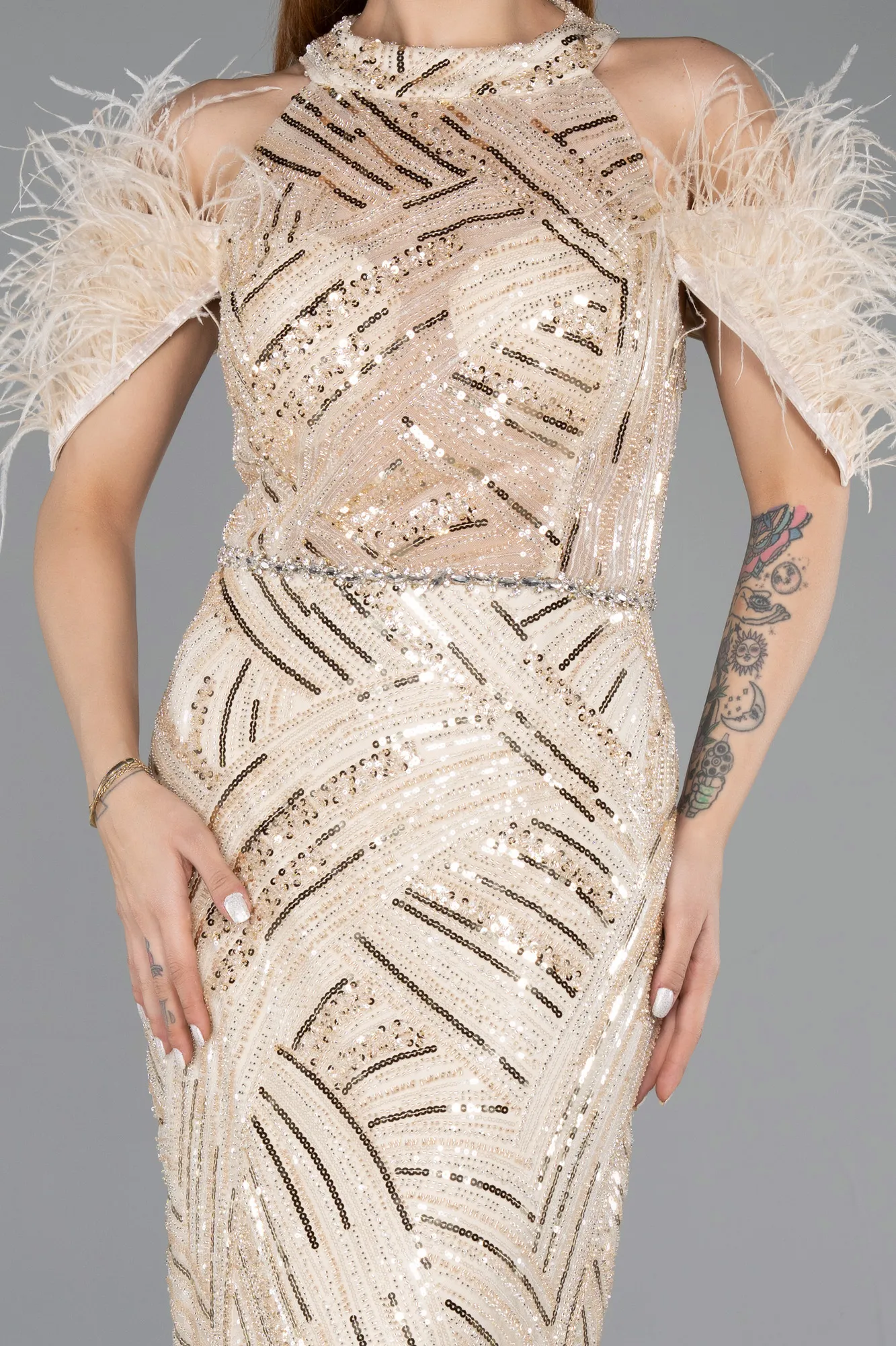 Beige-Long Evening Dress ABU5538