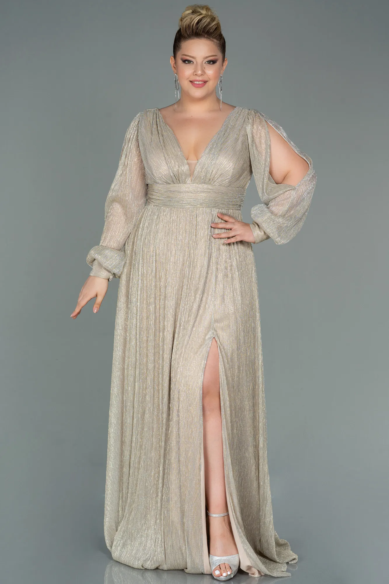 Beige-Long Plus Size Evening Dress ABU3154