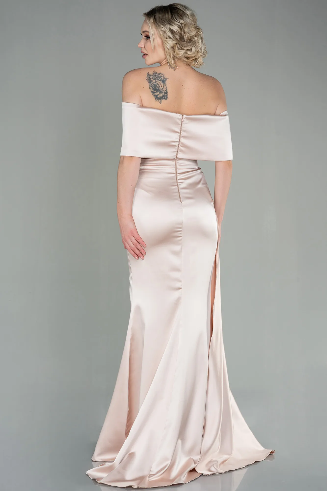 Beige-Long Satin Evening Dress ABU2893