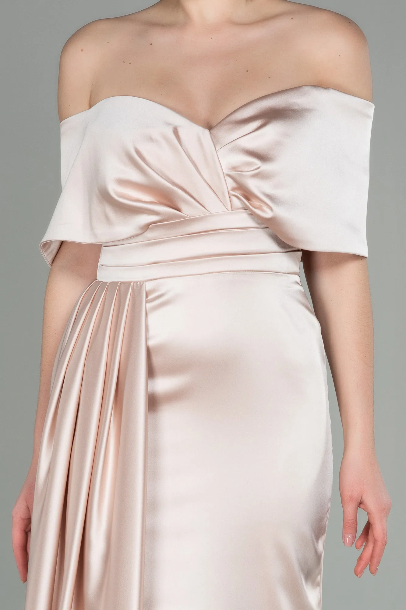 Beige-Long Satin Evening Dress ABU2893