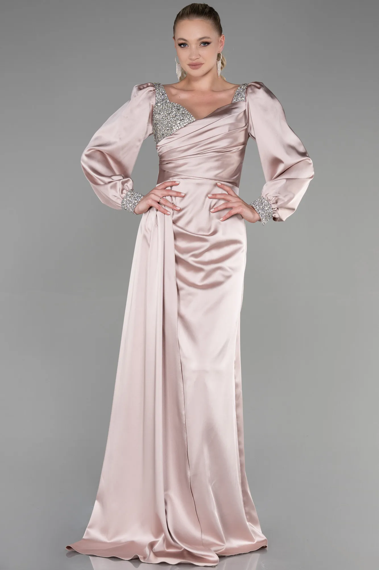 Beige-Long Satin Evening Dress ABU3318