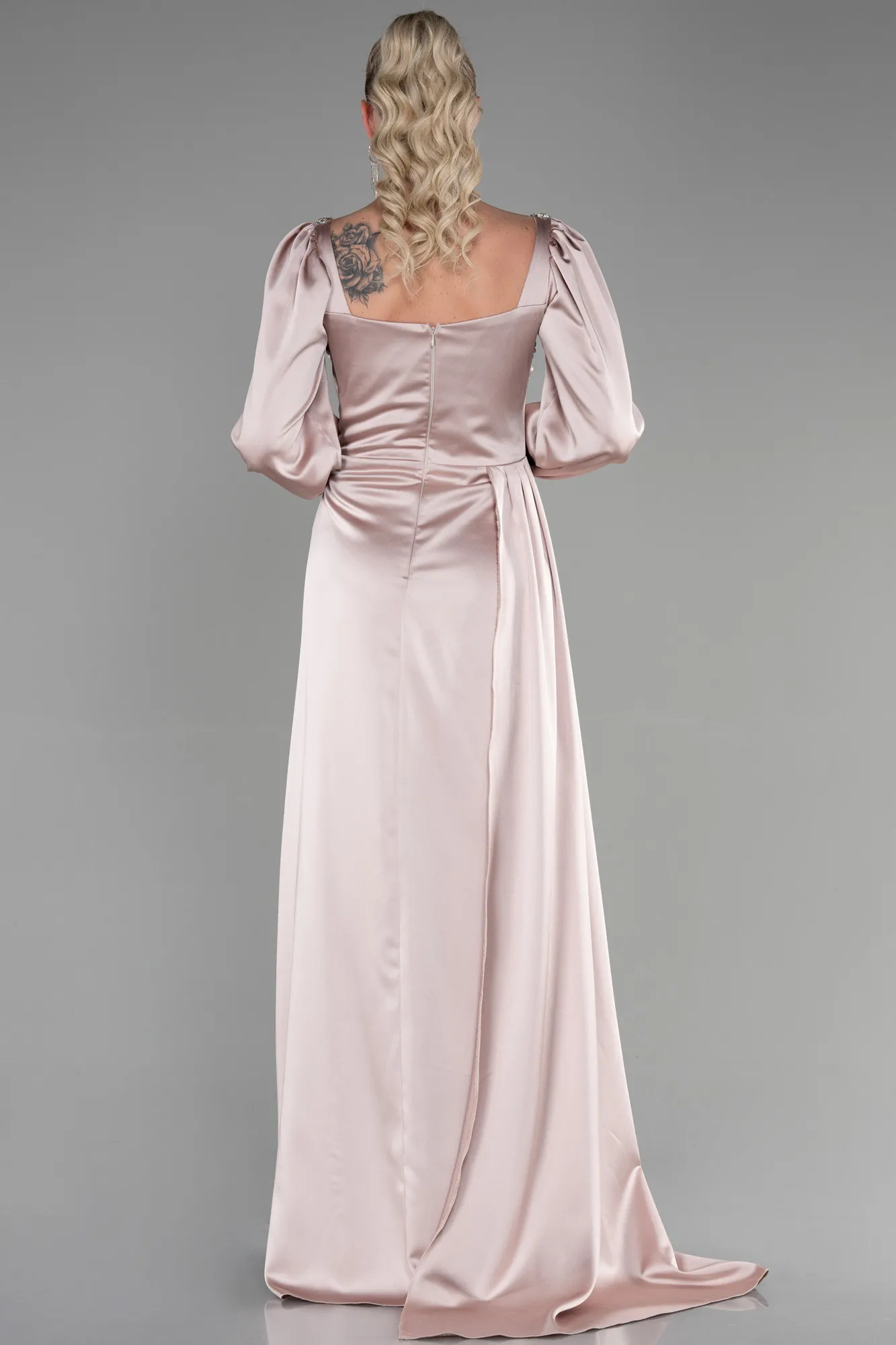 Beige-Long Satin Evening Dress ABU3318