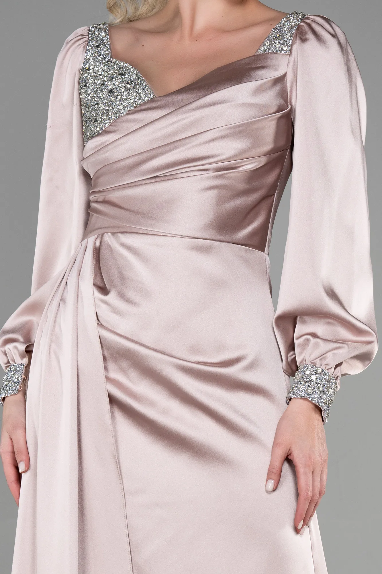 Beige-Long Satin Evening Dress ABU3318