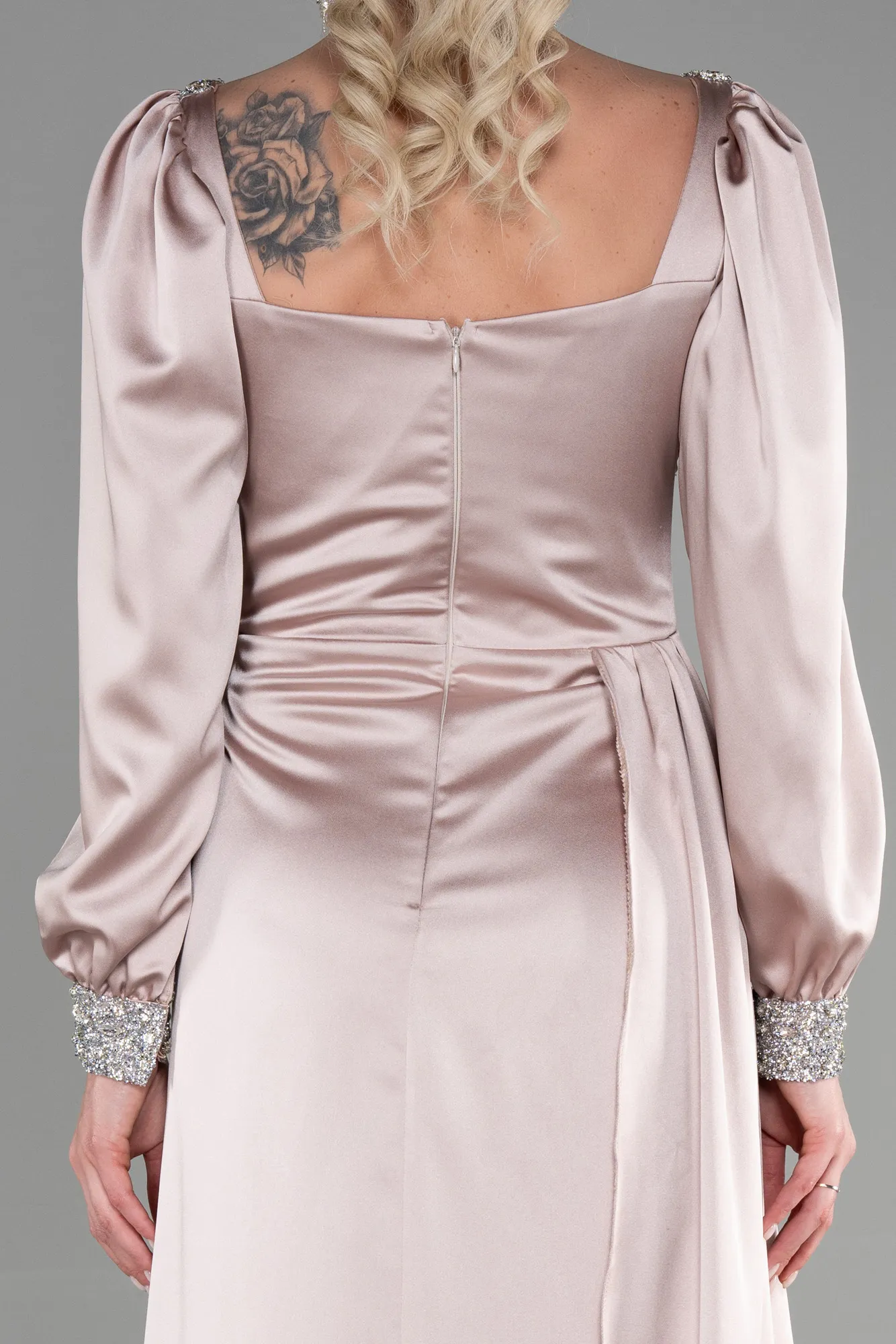 Beige-Long Satin Evening Dress ABU3318