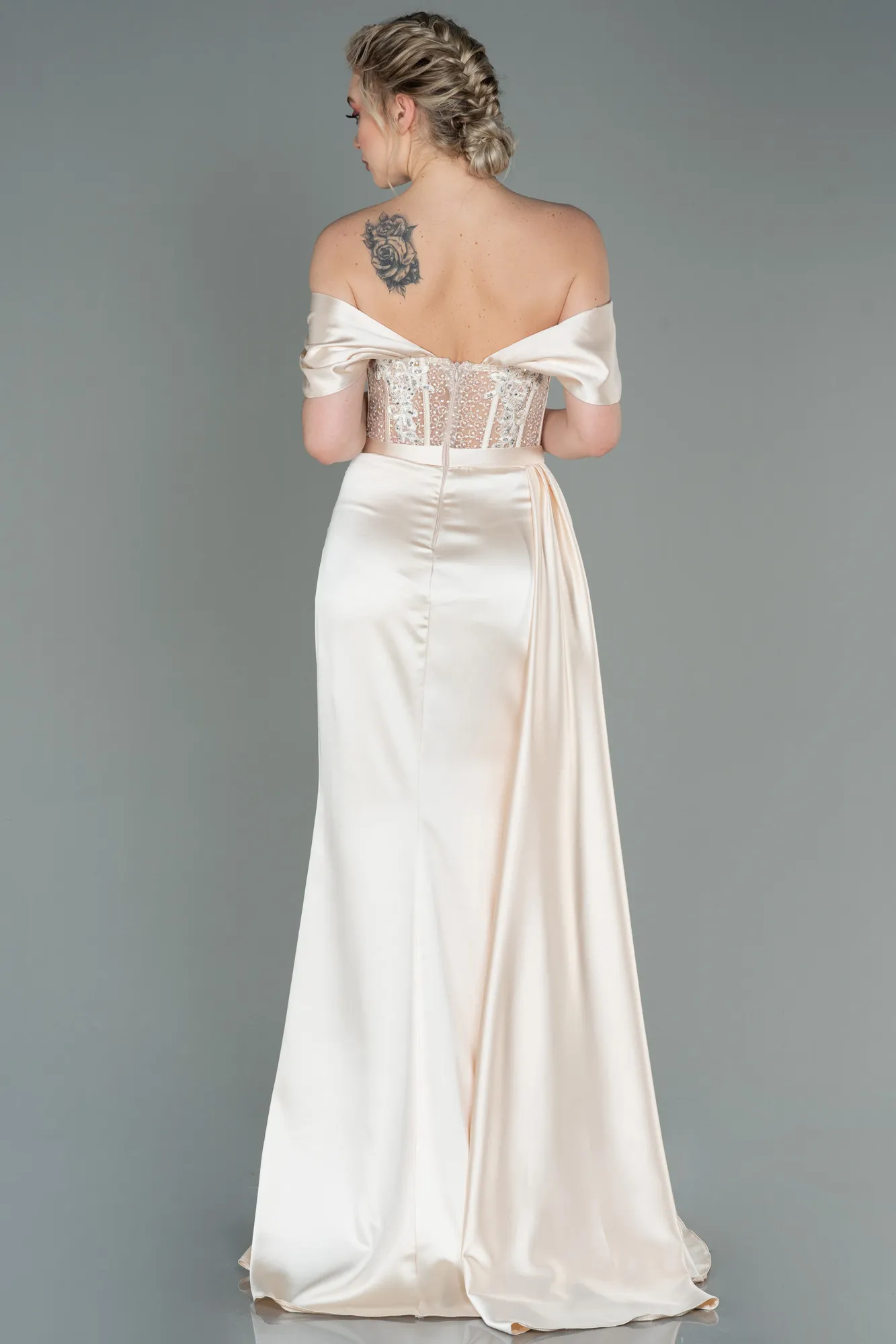 Beige-Long Satin Evening Dress ABU3446