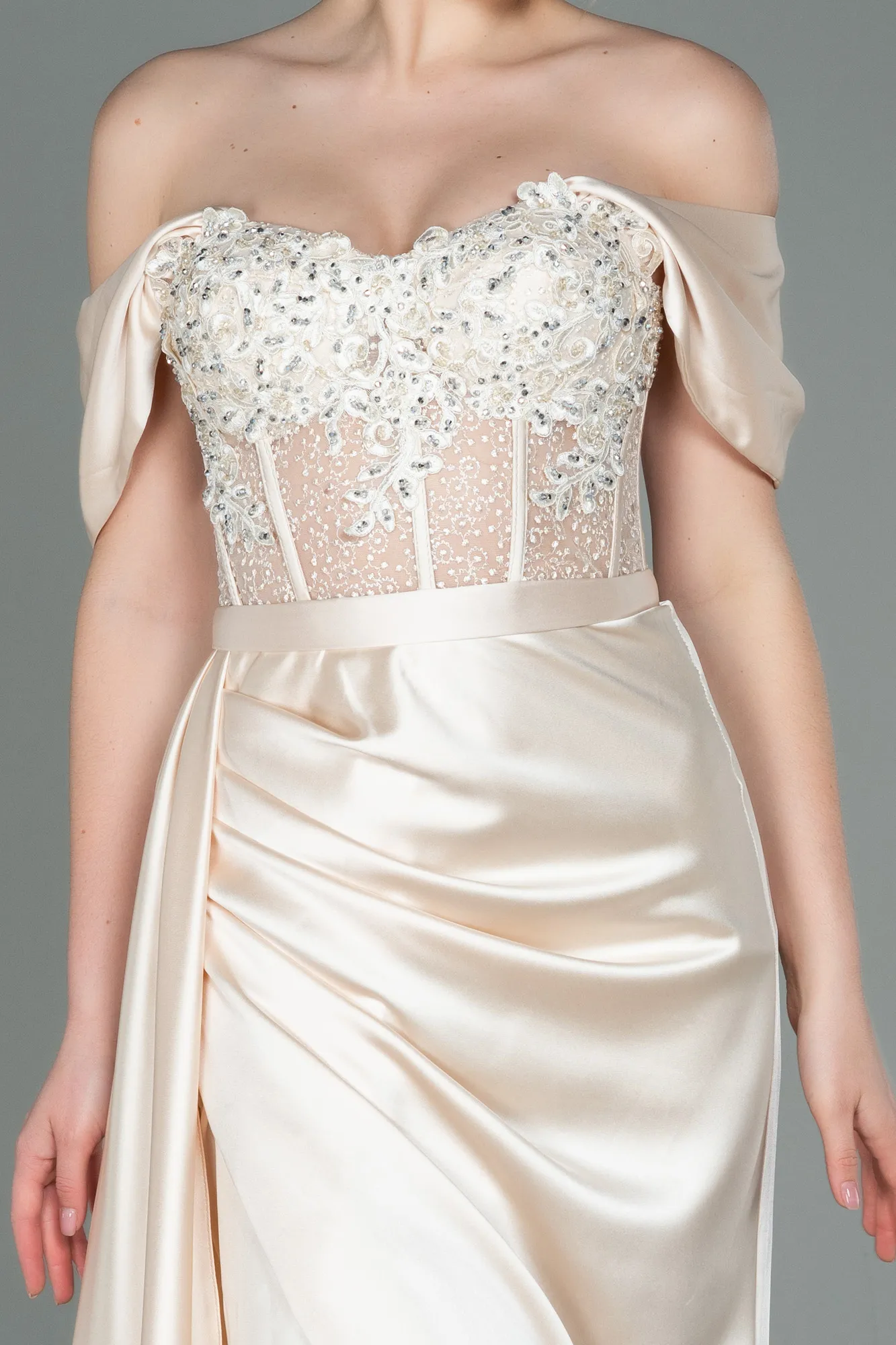 Beige-Long Satin Evening Dress ABU3446