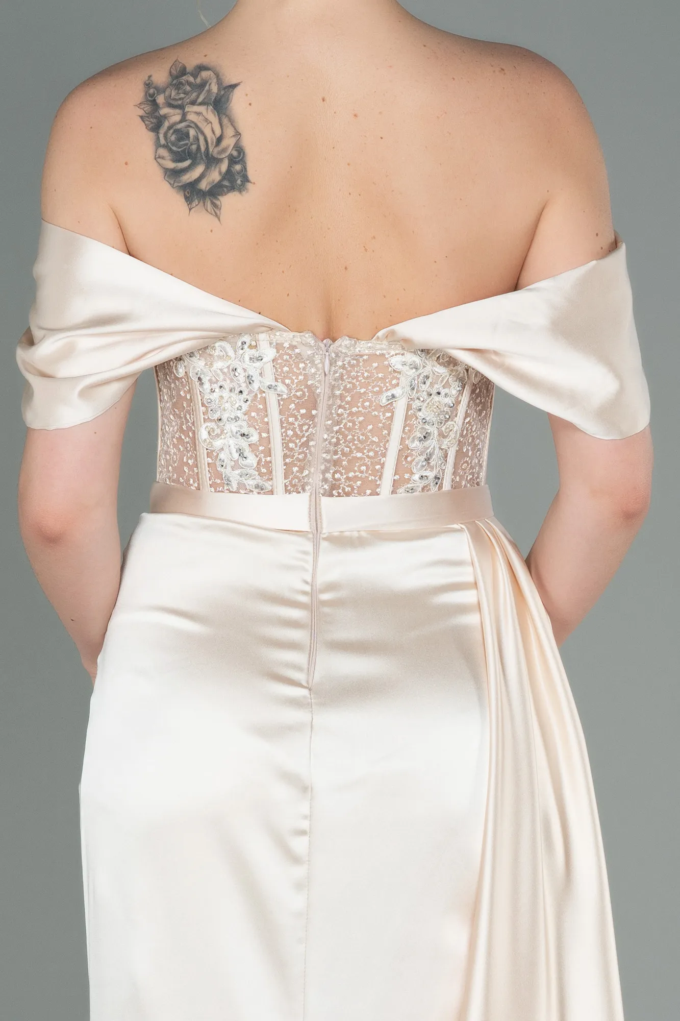 Beige-Long Satin Evening Dress ABU3446