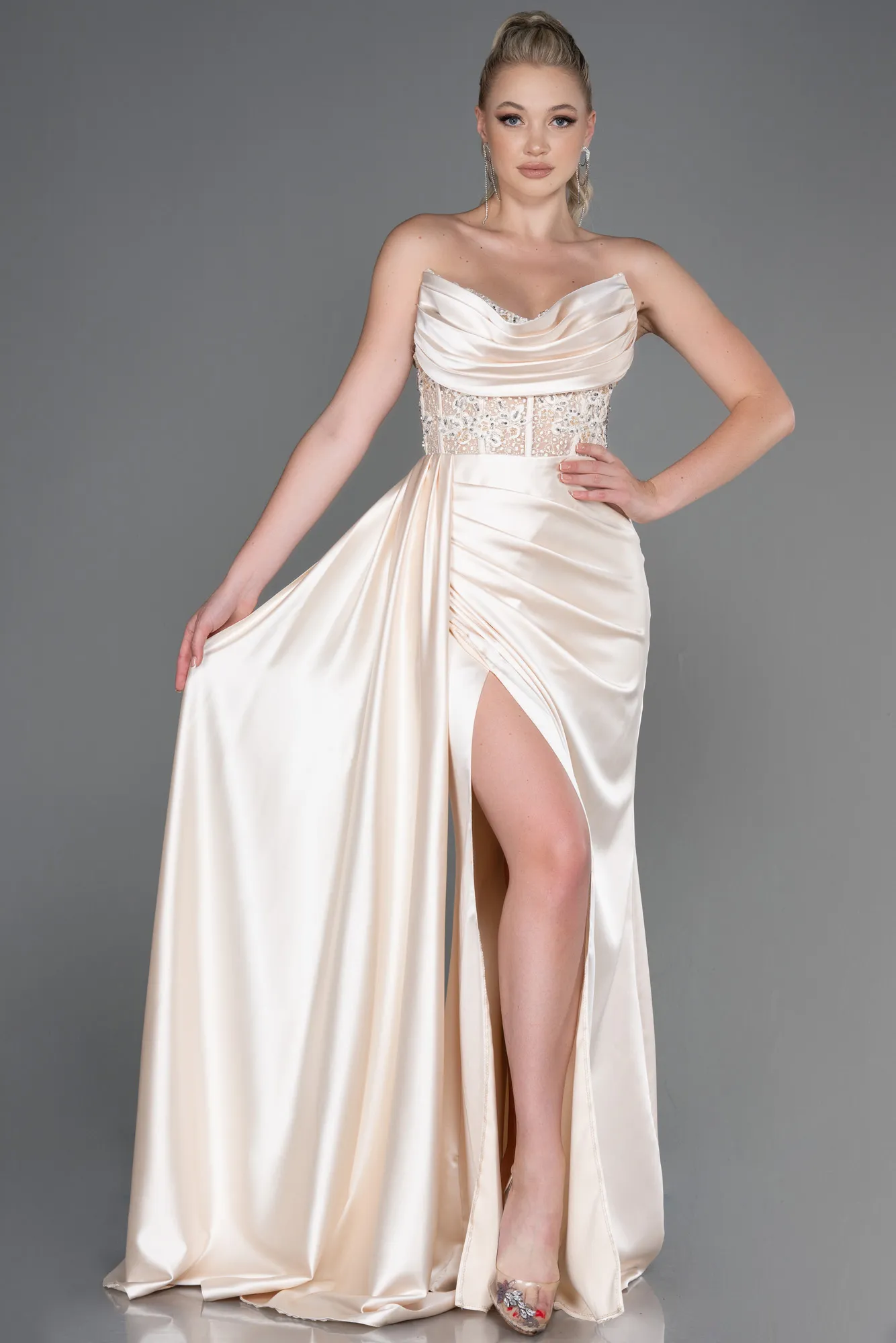 Beige-Long Satin Evening Dress ABU3447