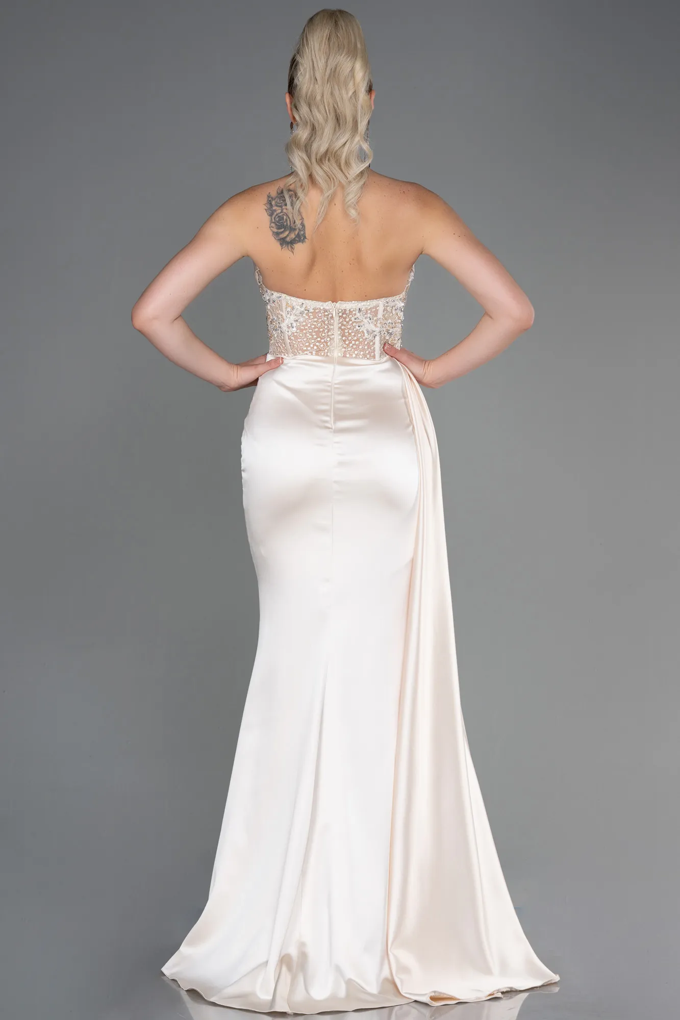 Beige-Long Satin Evening Dress ABU3447