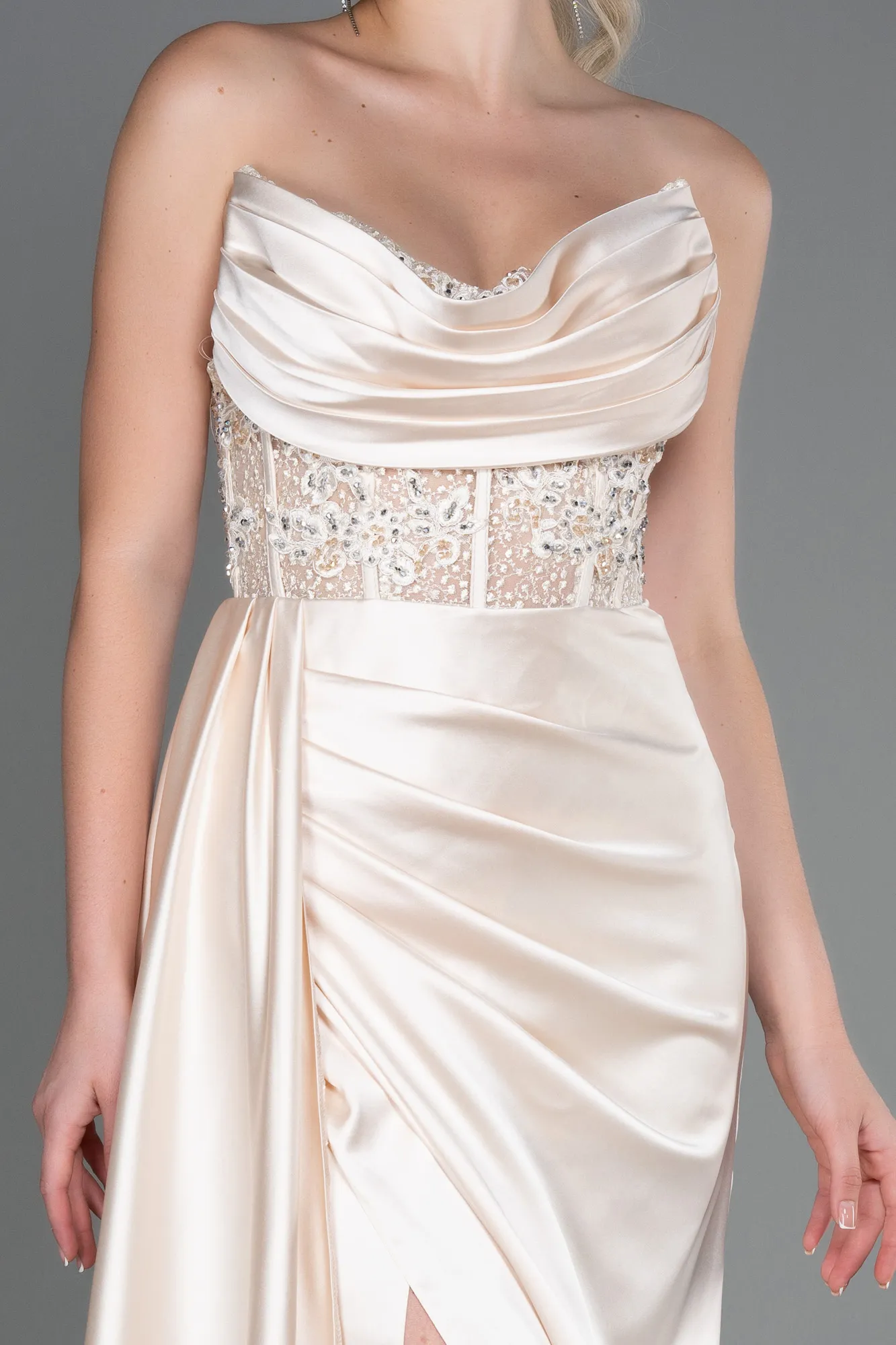 Beige-Long Satin Evening Dress ABU3447
