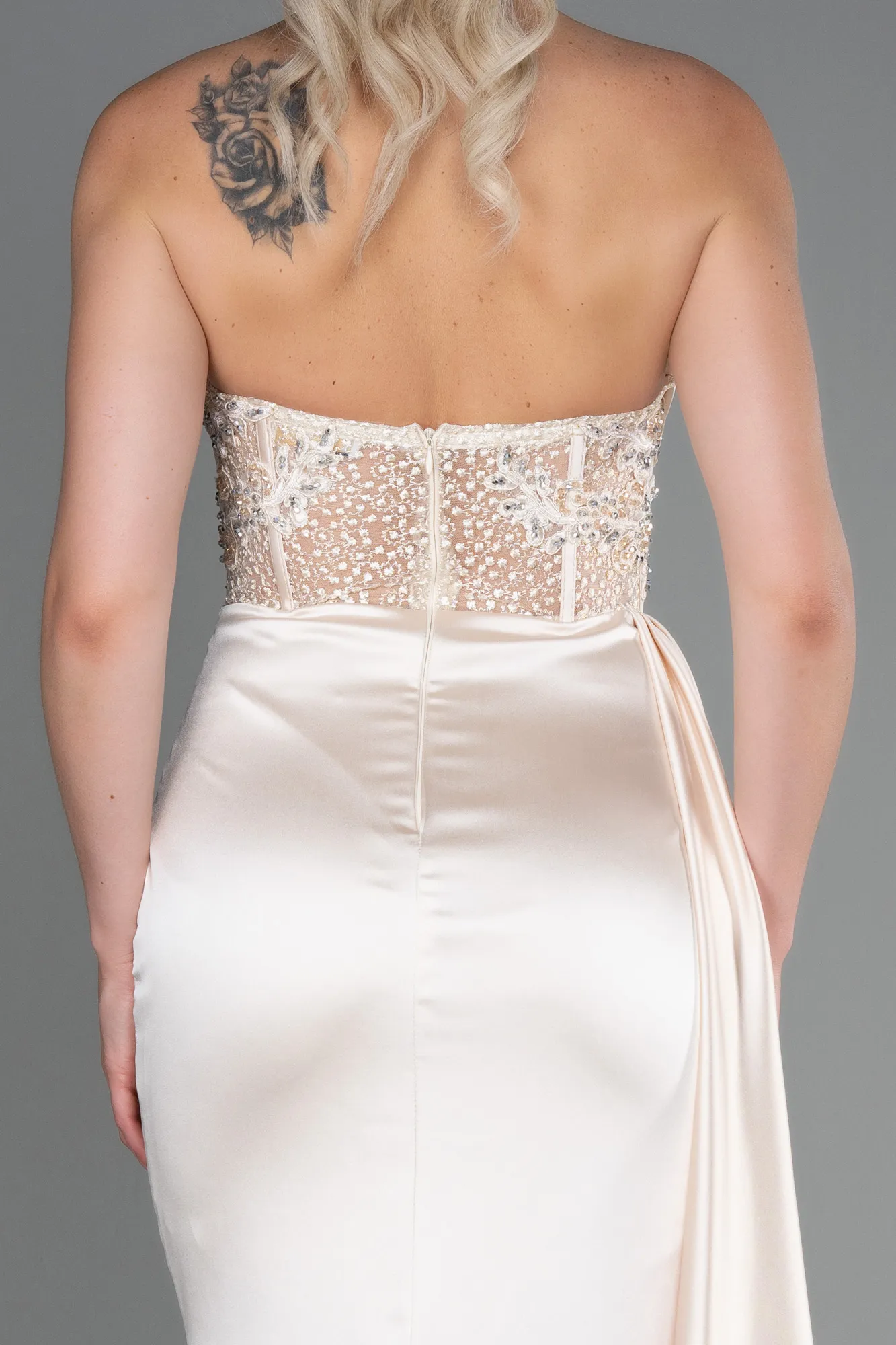 Beige-Long Satin Evening Dress ABU3447