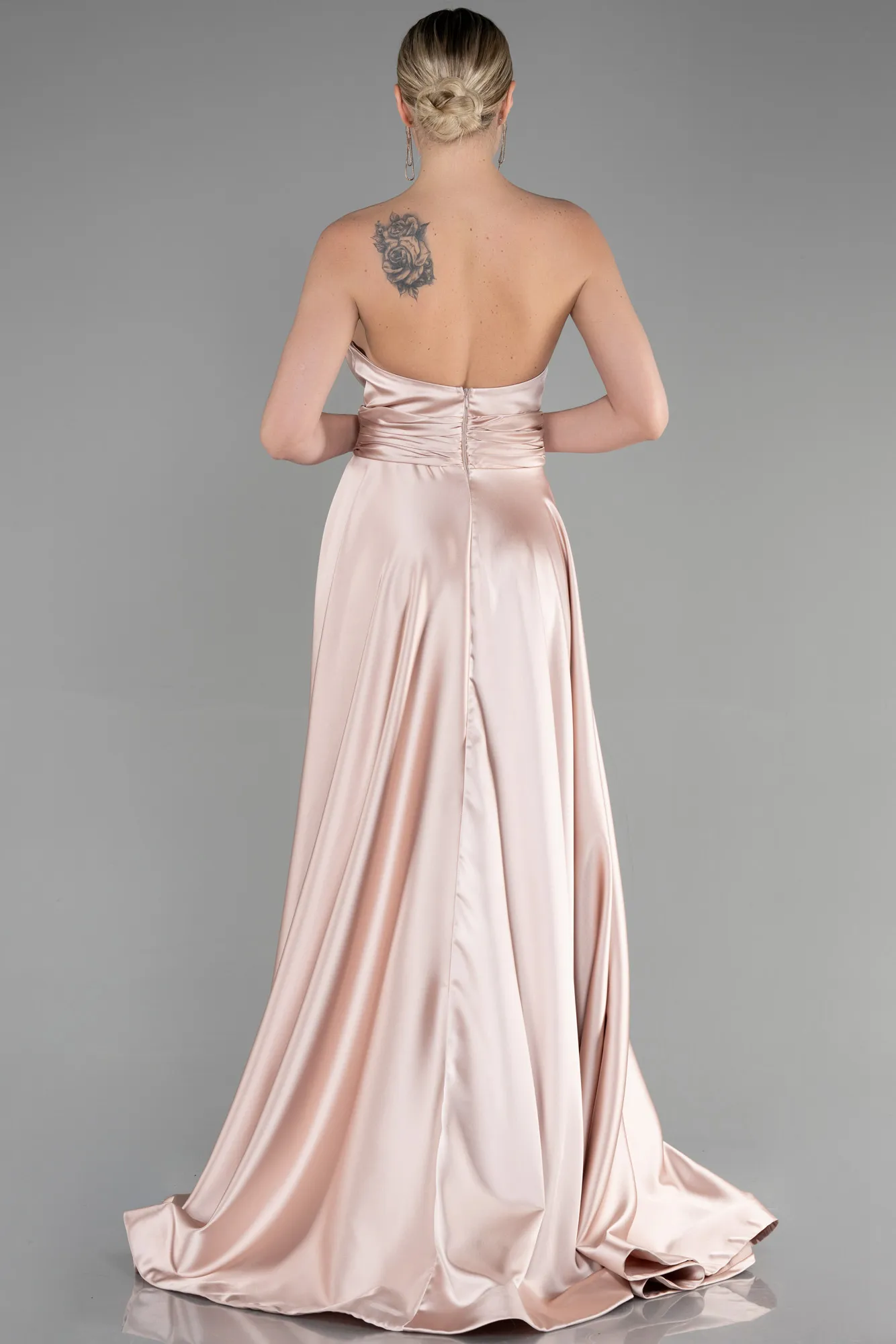 Beige-Long Satin Evening Dress ABU3502