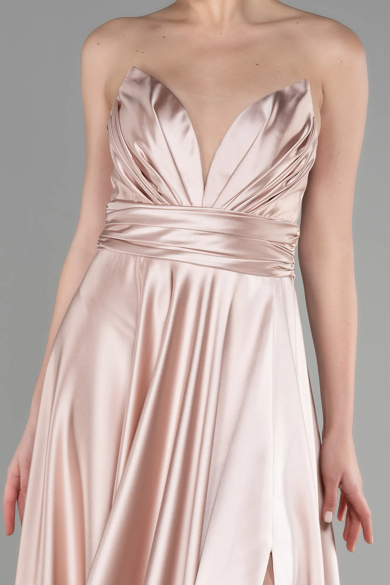 Beige-Long Satin Evening Dress ABU3502