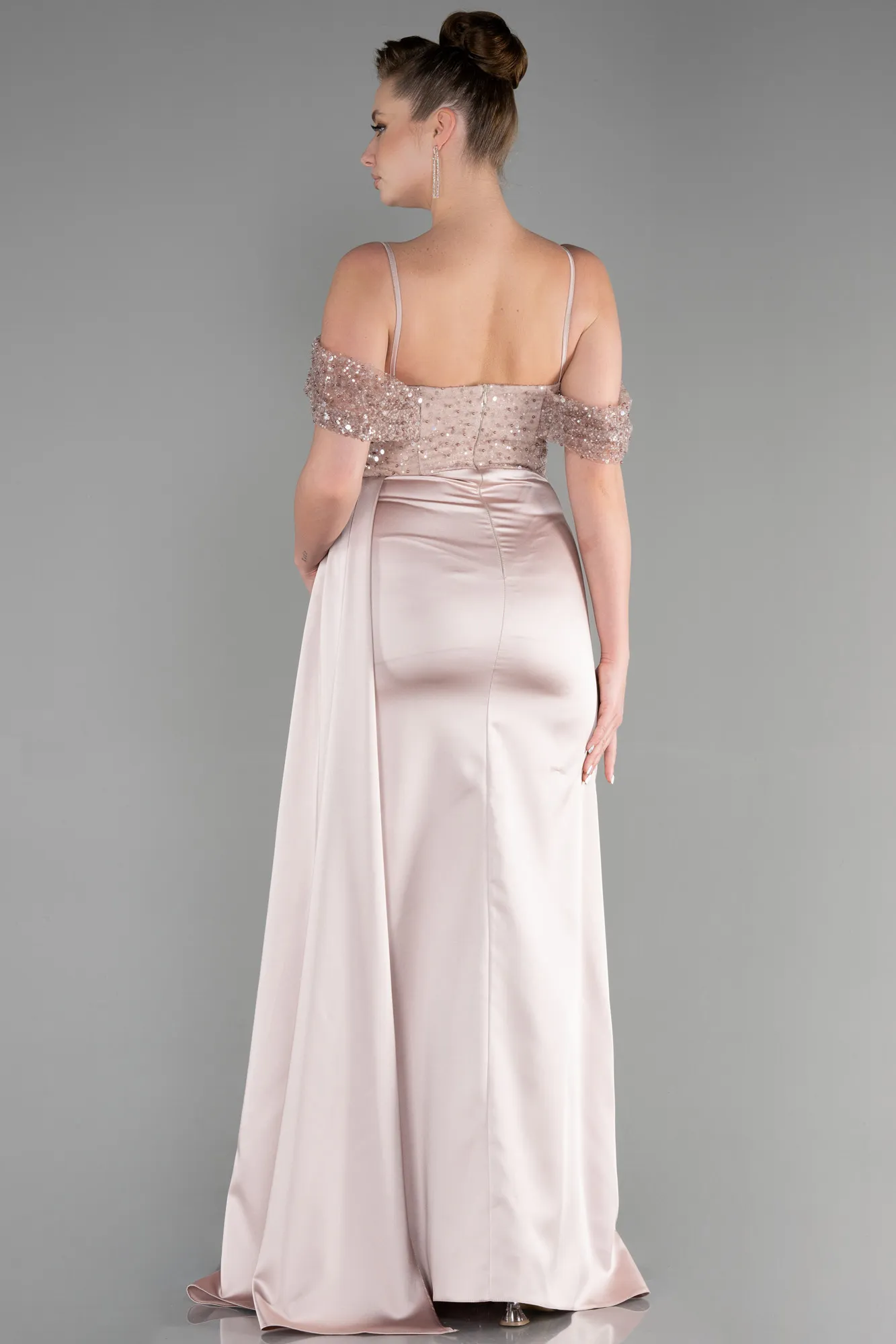 Beige-Long Satin Evening Dress ABU3521