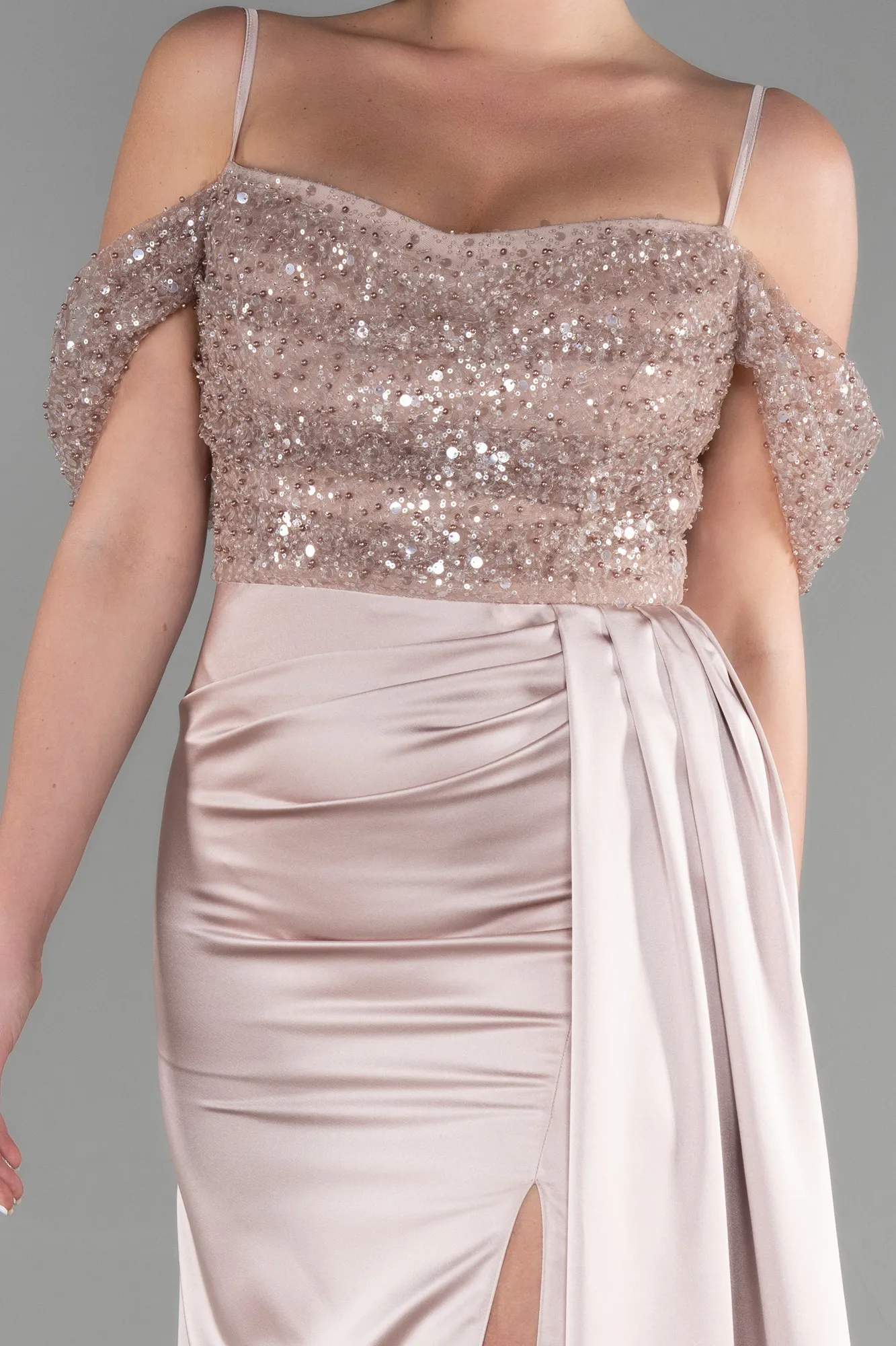 Beige-Long Satin Evening Dress ABU3521