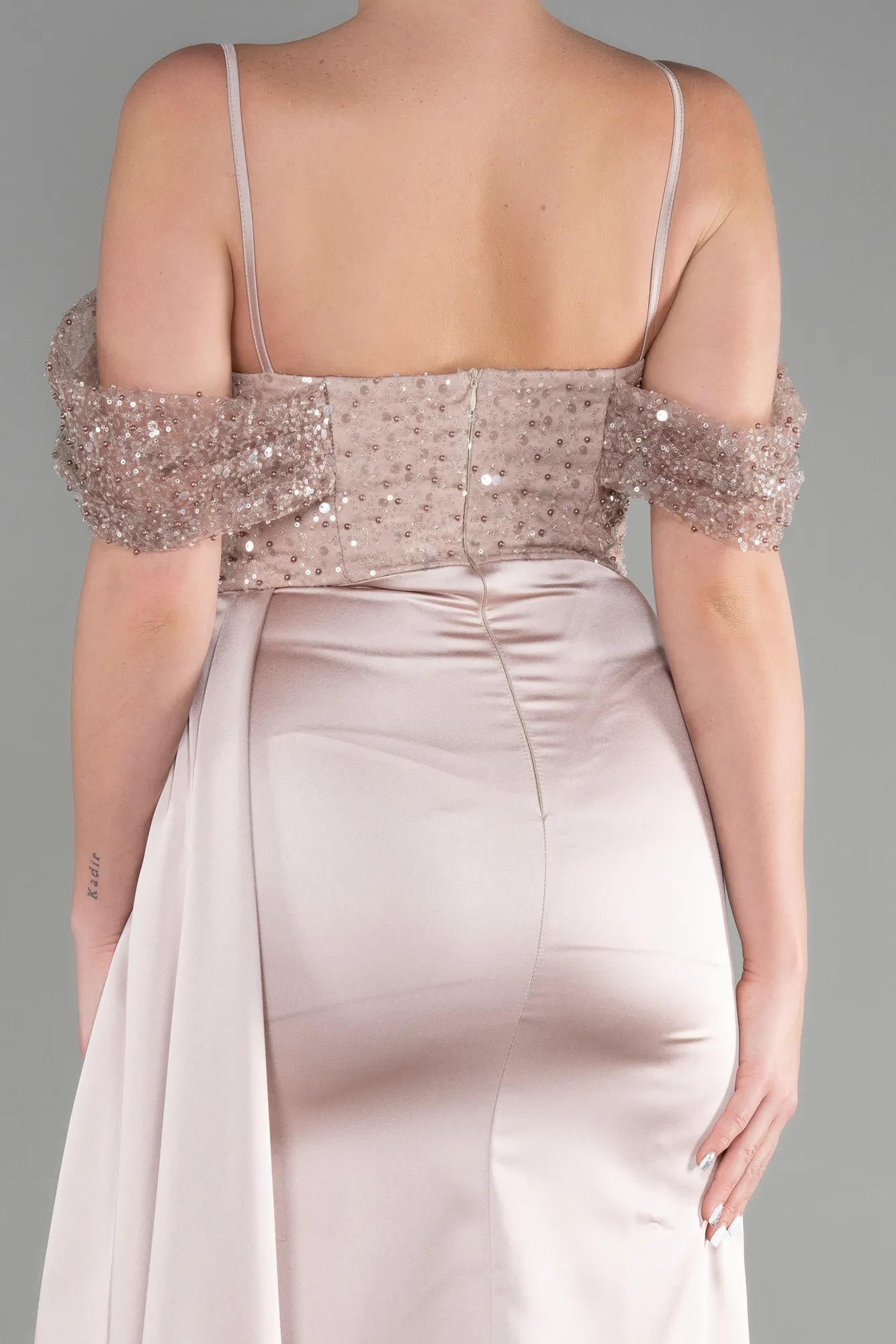 Beige-Long Satin Evening Dress ABU3521