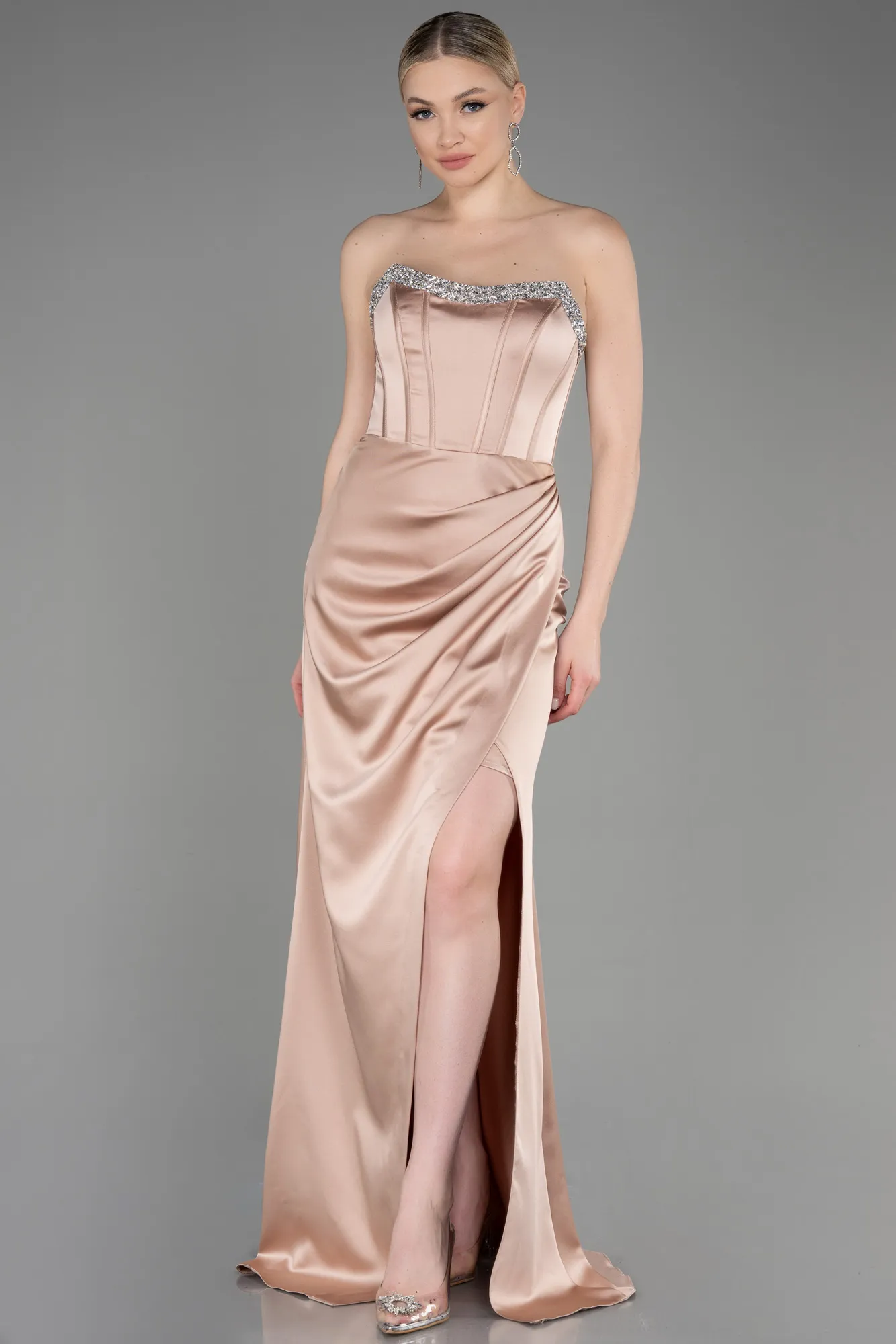 Beige-Long Satin Evening Dress ABU3706