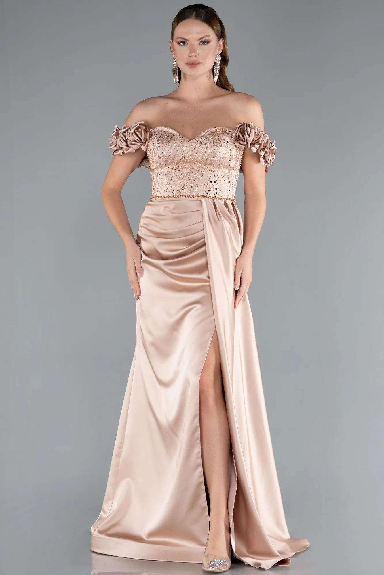 Beige-Long Satin Evening Dress ABU4895