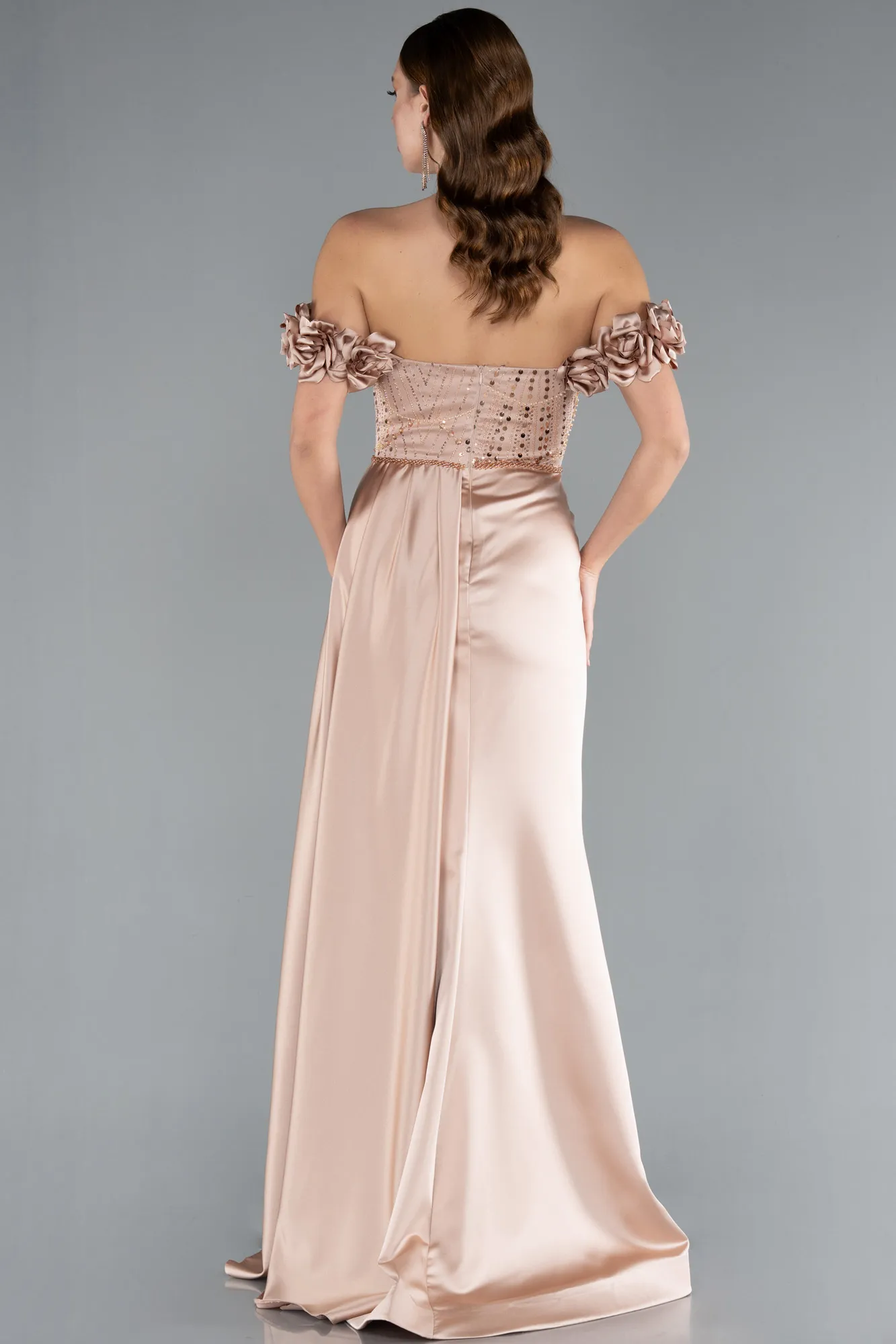 Beige-Long Satin Evening Dress ABU4895