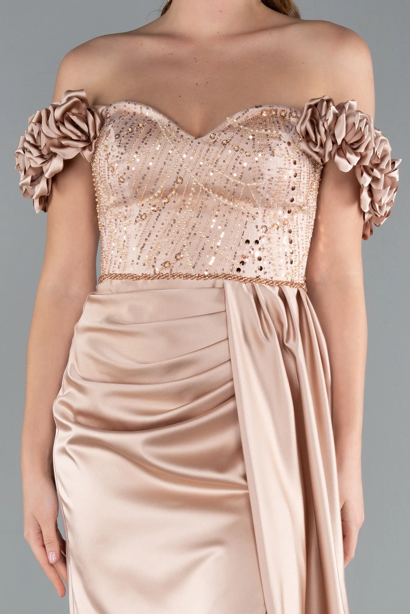 Beige-Long Satin Evening Dress ABU4895
