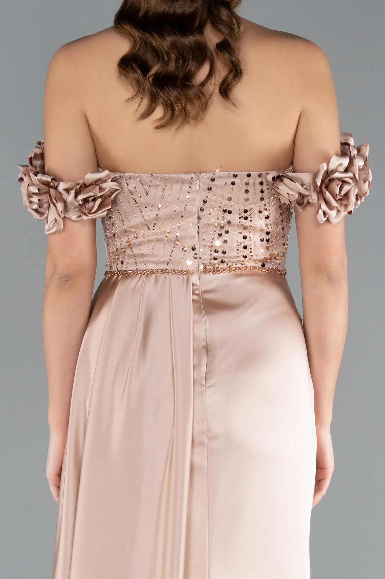 Beige-Long Satin Evening Dress ABU4895