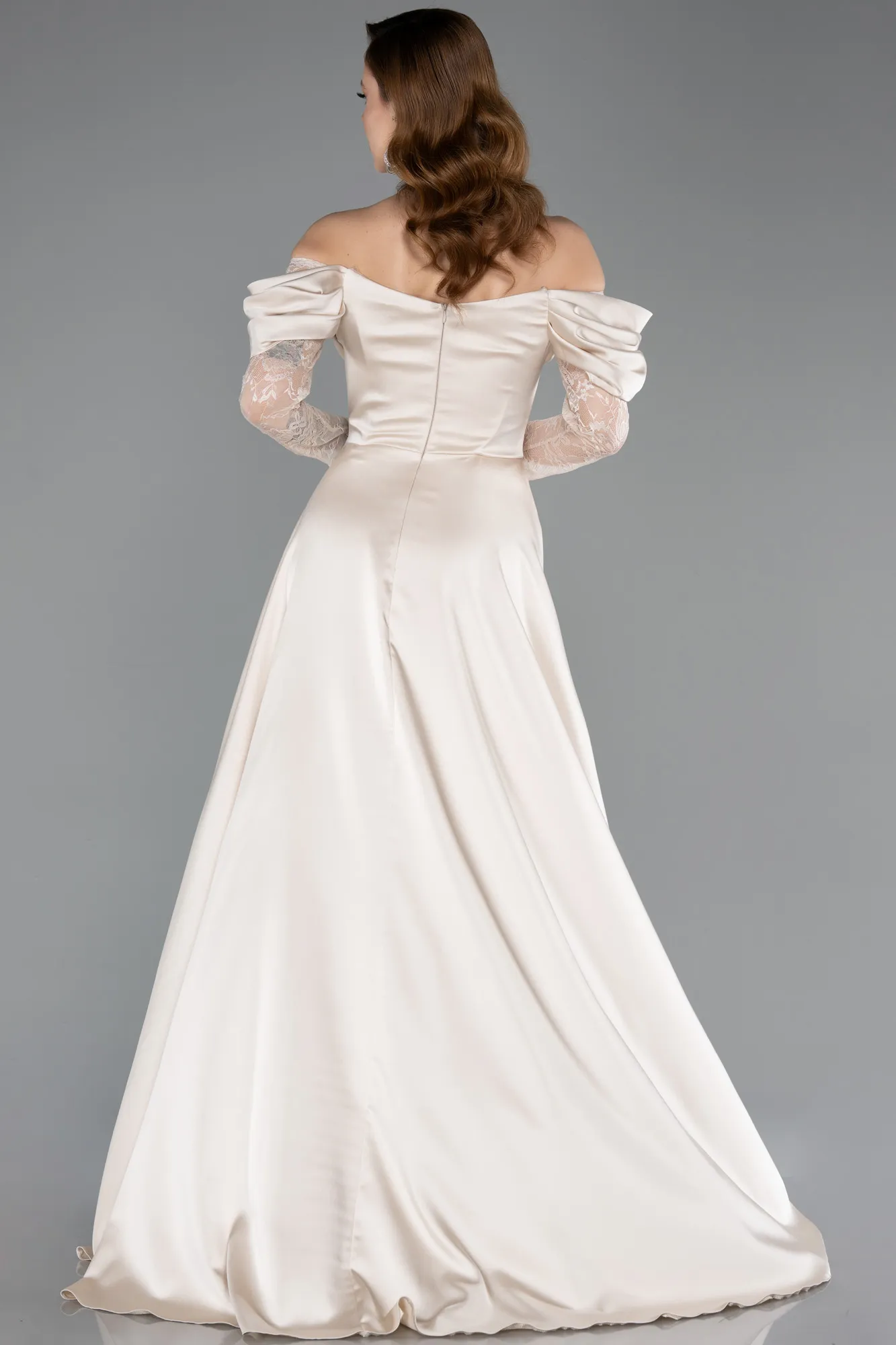 Beige-Long Satin Evening Dress ABU5054