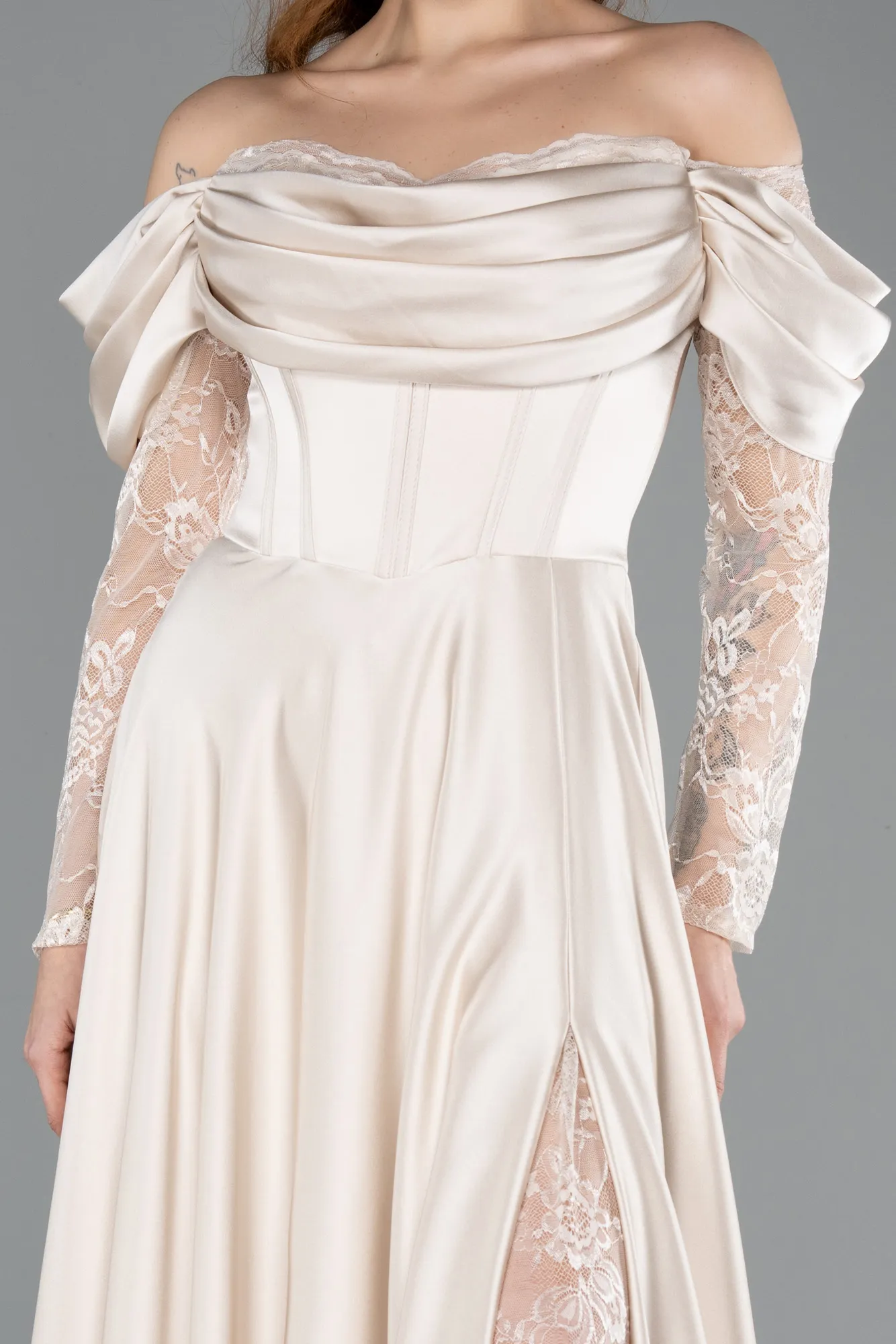 Beige-Long Satin Evening Dress ABU5054